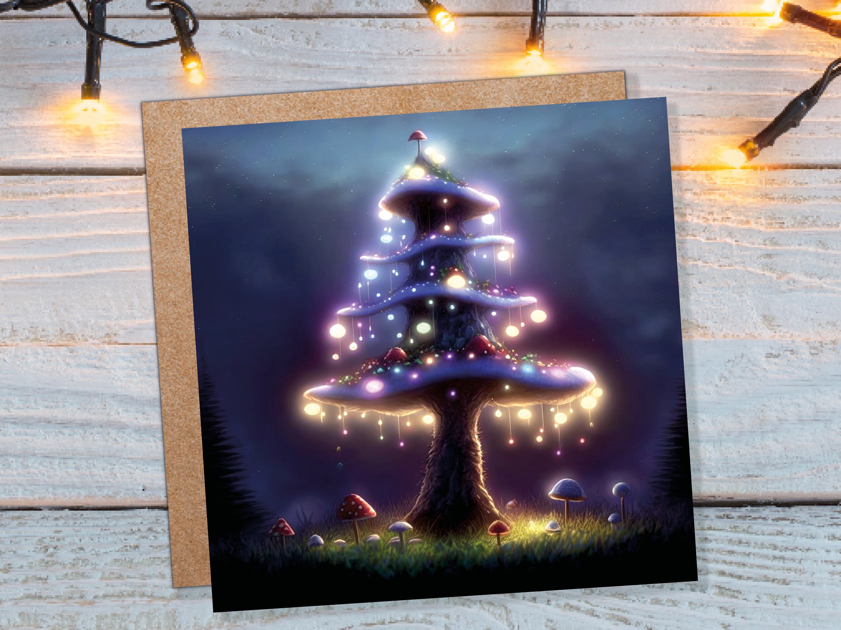 Magical Mushroom Tree House Card Purple Golden Glowing Fairycore Fairytale Fairy Lights Unique Whimsical For Family Friends Christmas Thanks - View 9