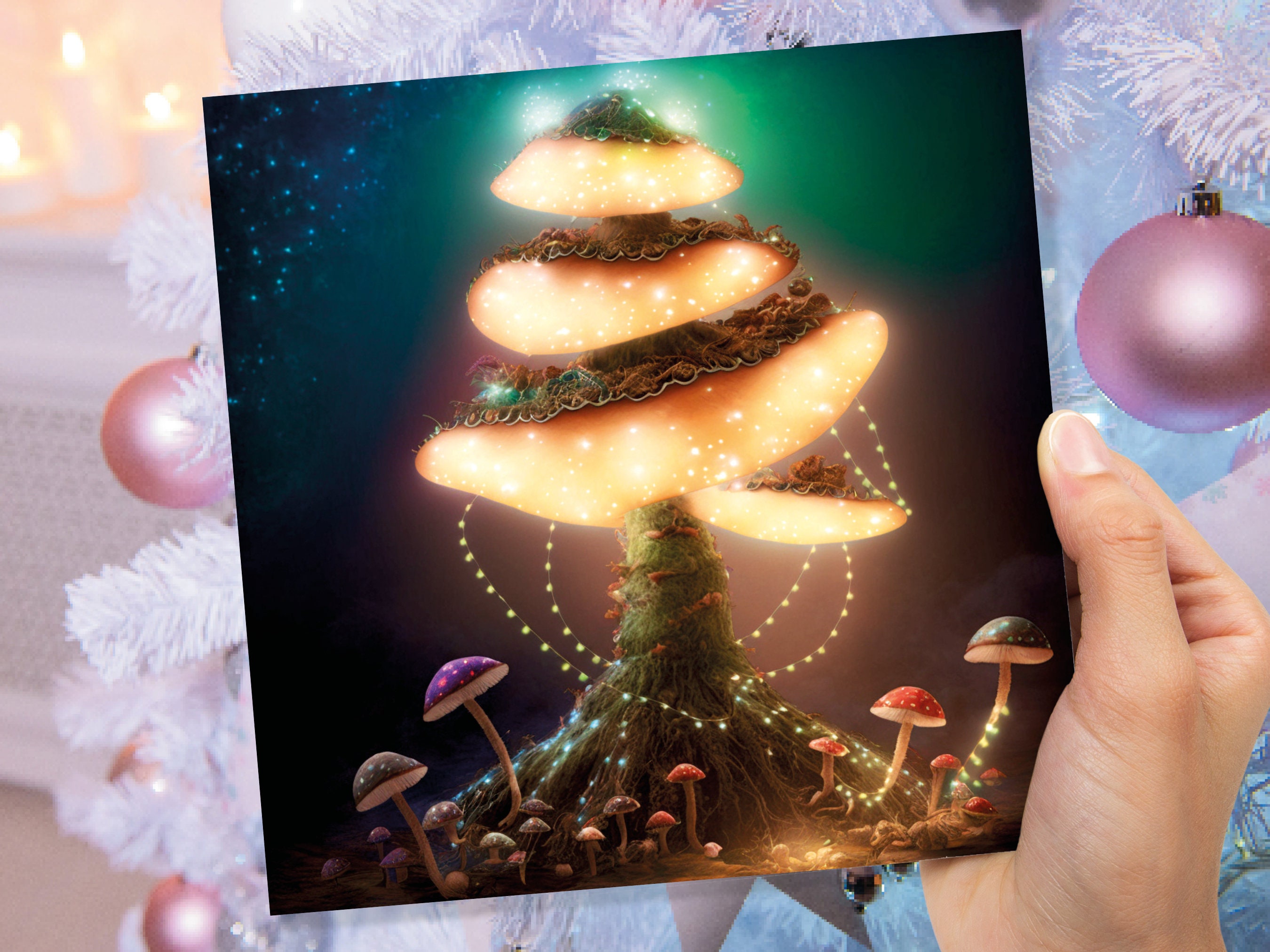 Glowing Mushroom Mystical Greeting Card Teal Golden Magic Glow Fairycore Fairytale Lights Unique Whimsical For Family Friends Xmas 2024 Card - View 3