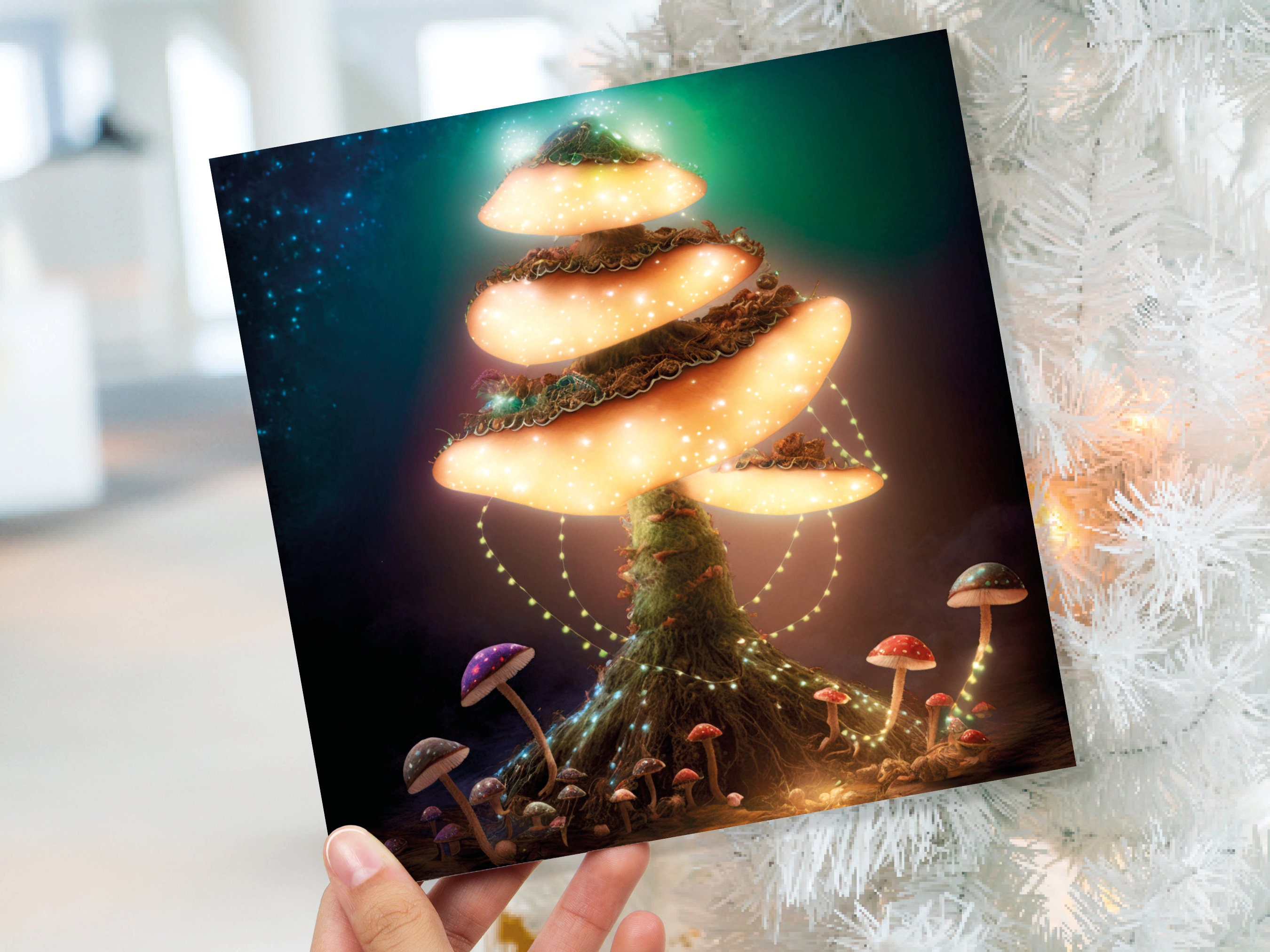 Glowing Mushroom Mystical Greeting Card Teal Golden Magic Glow Fairycore Fairytale Lights Unique Whimsical For Family Friends Xmas 2024 Card - View 2