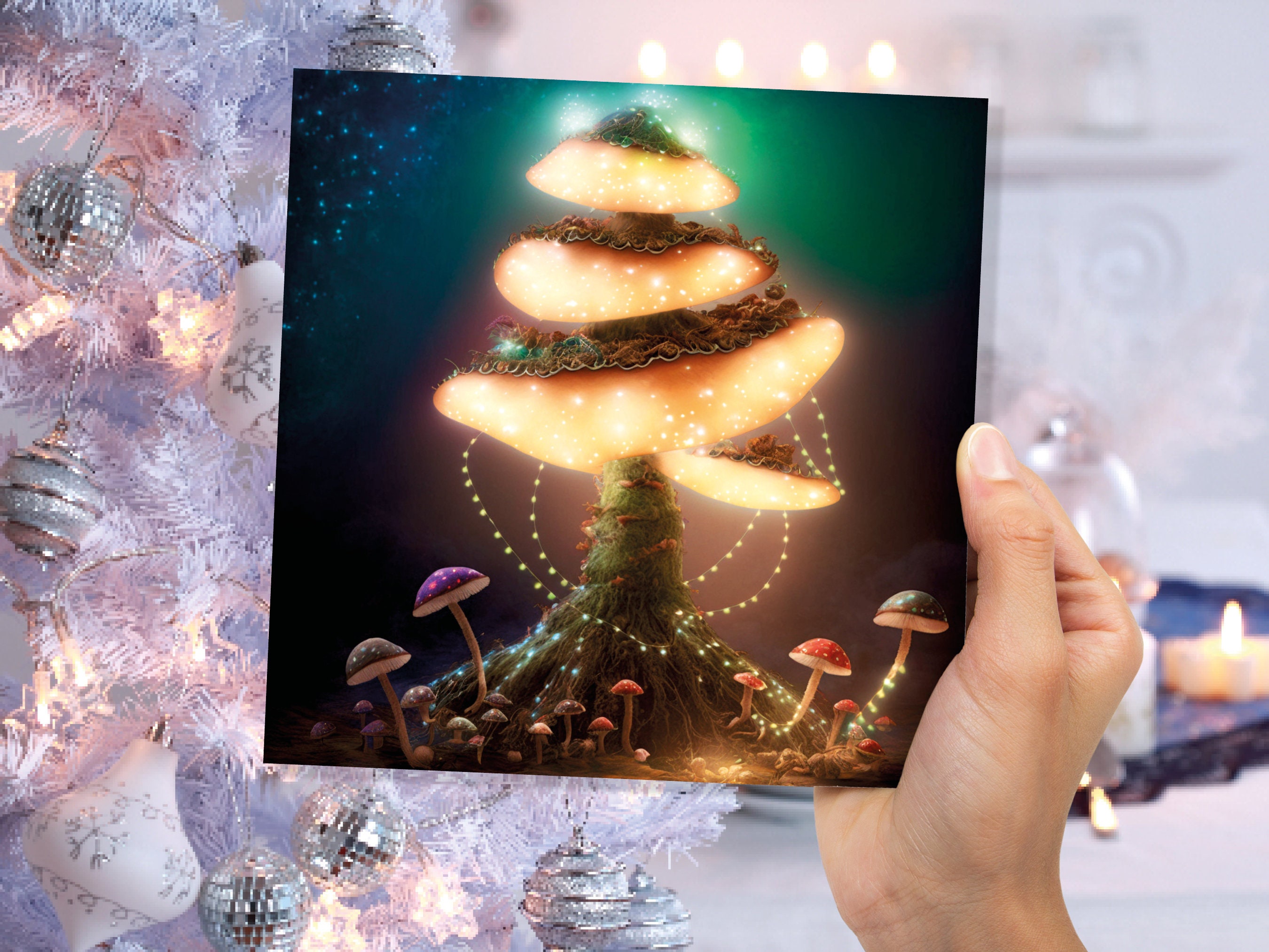 Glowing Mushroom Mystical Greeting Card Teal Golden Magic Glow Fairycore Fairytale Lights Unique Whimsical For Family Friends Xmas 2024 Card - View 7