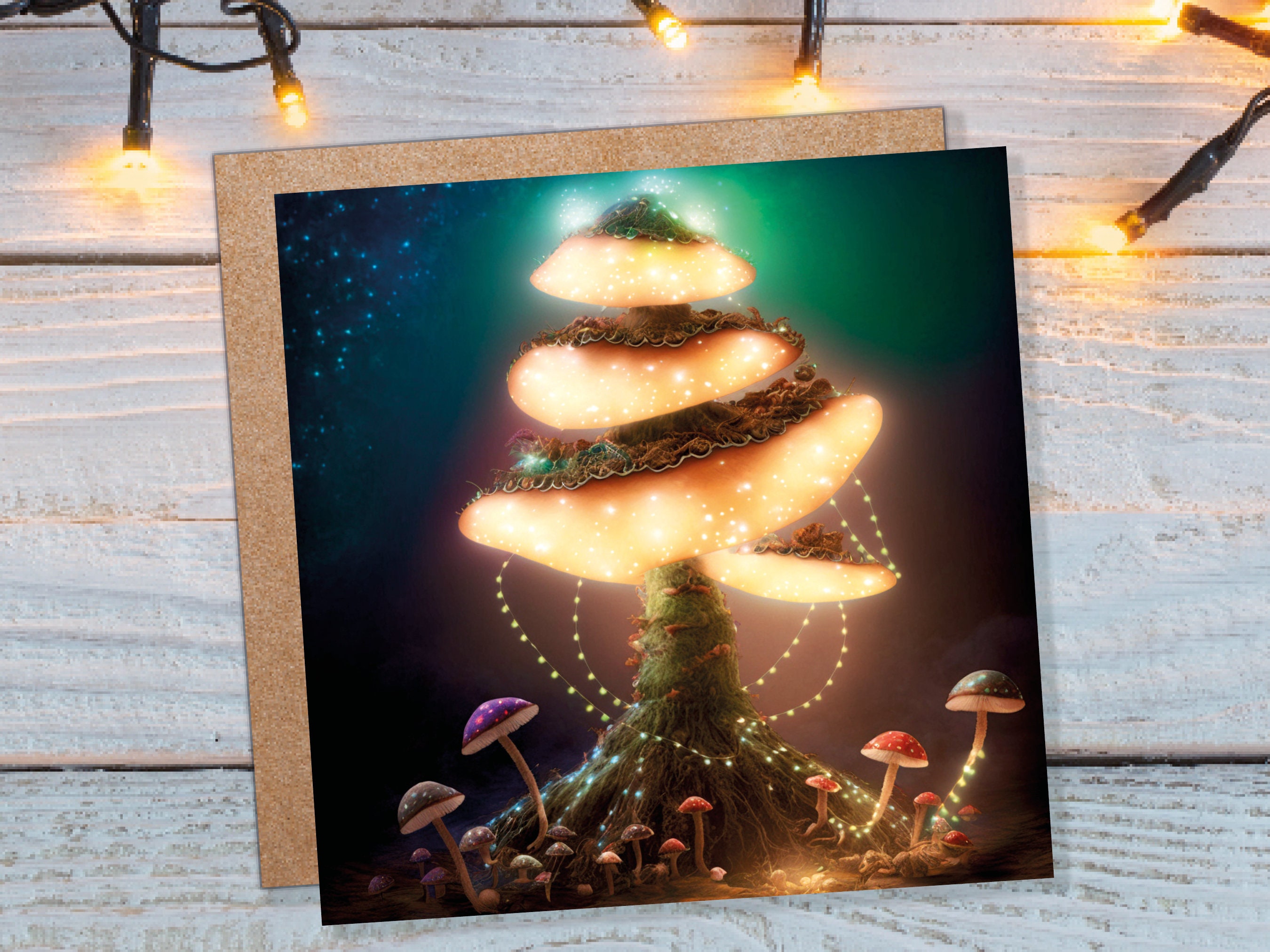 Glowing Mushroom Mystical Greeting Card Teal Golden Magic Glow Fairycore Fairytale Lights Unique Whimsical For Family Friends Xmas 2024 Card - View 9