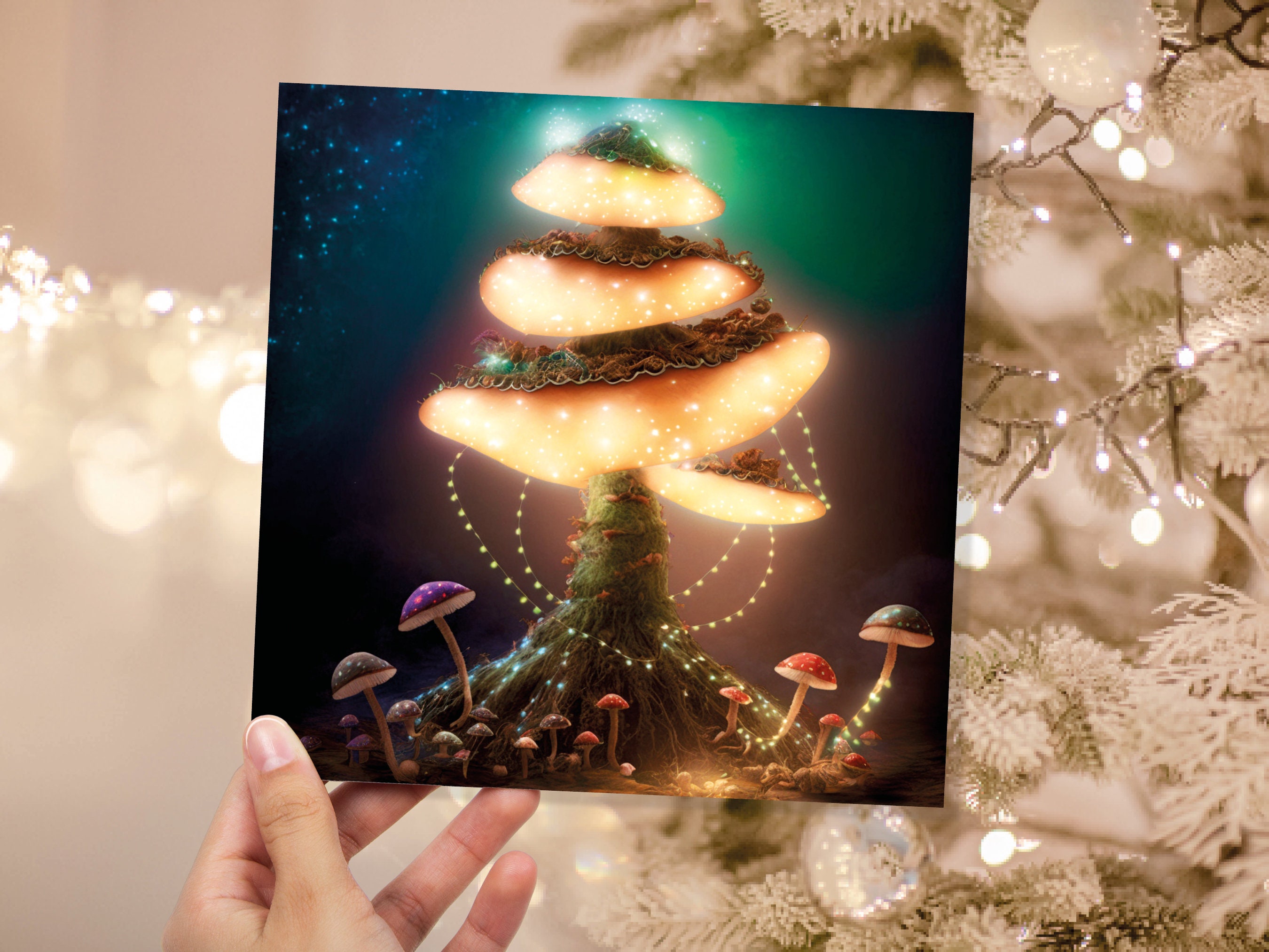 Glowing Mushroom Mystical Greeting Card Teal Golden Magic Glow Fairycore Fairytale Lights Unique Whimsical For Family Friends Xmas 2024 Card - View 8