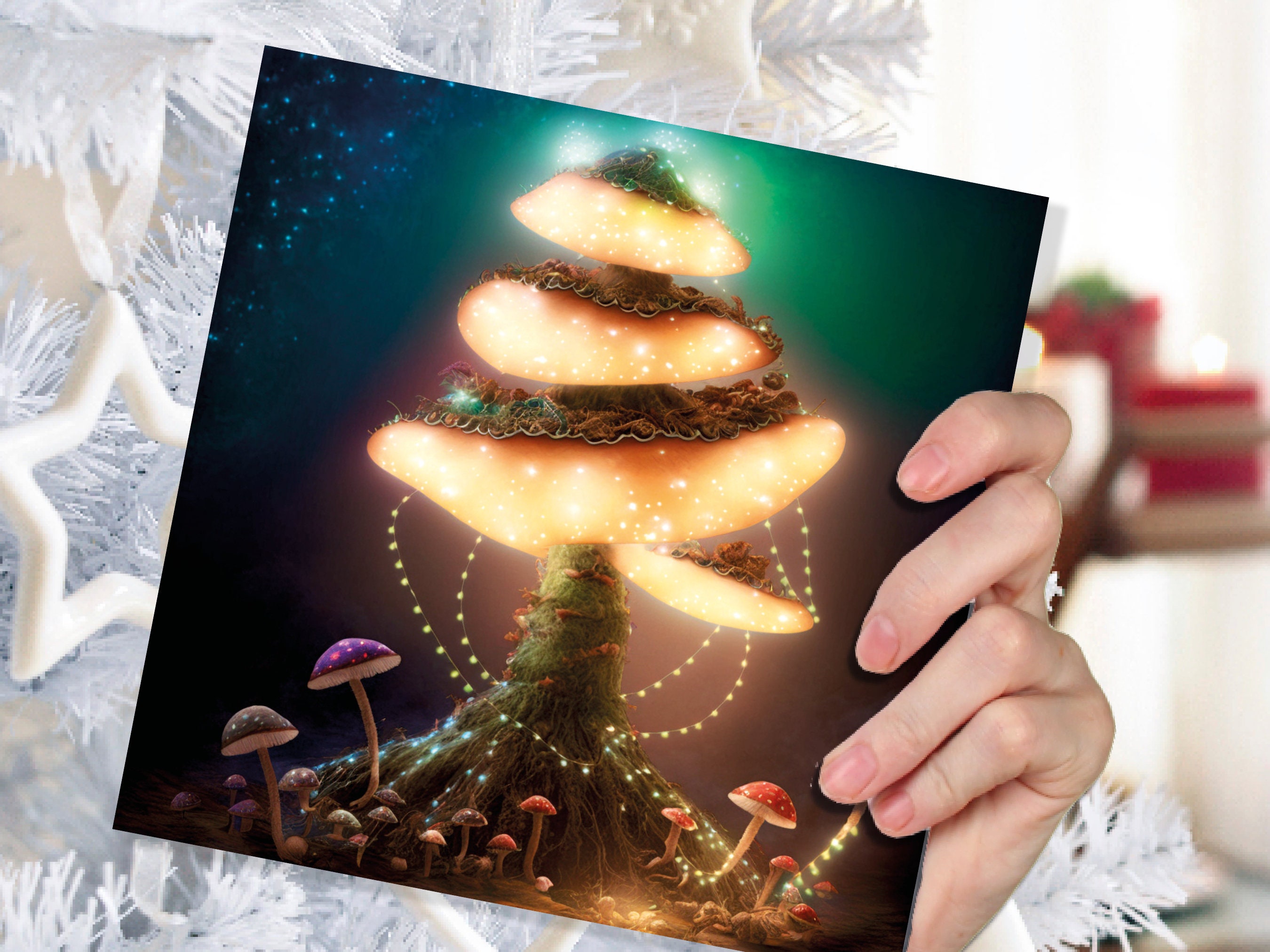 Glowing Mushroom Mystical Greeting Card Teal Golden Magic Glow Fairycore Fairytale Lights Unique Whimsical For Family Friends Xmas 2024 Card - View 4