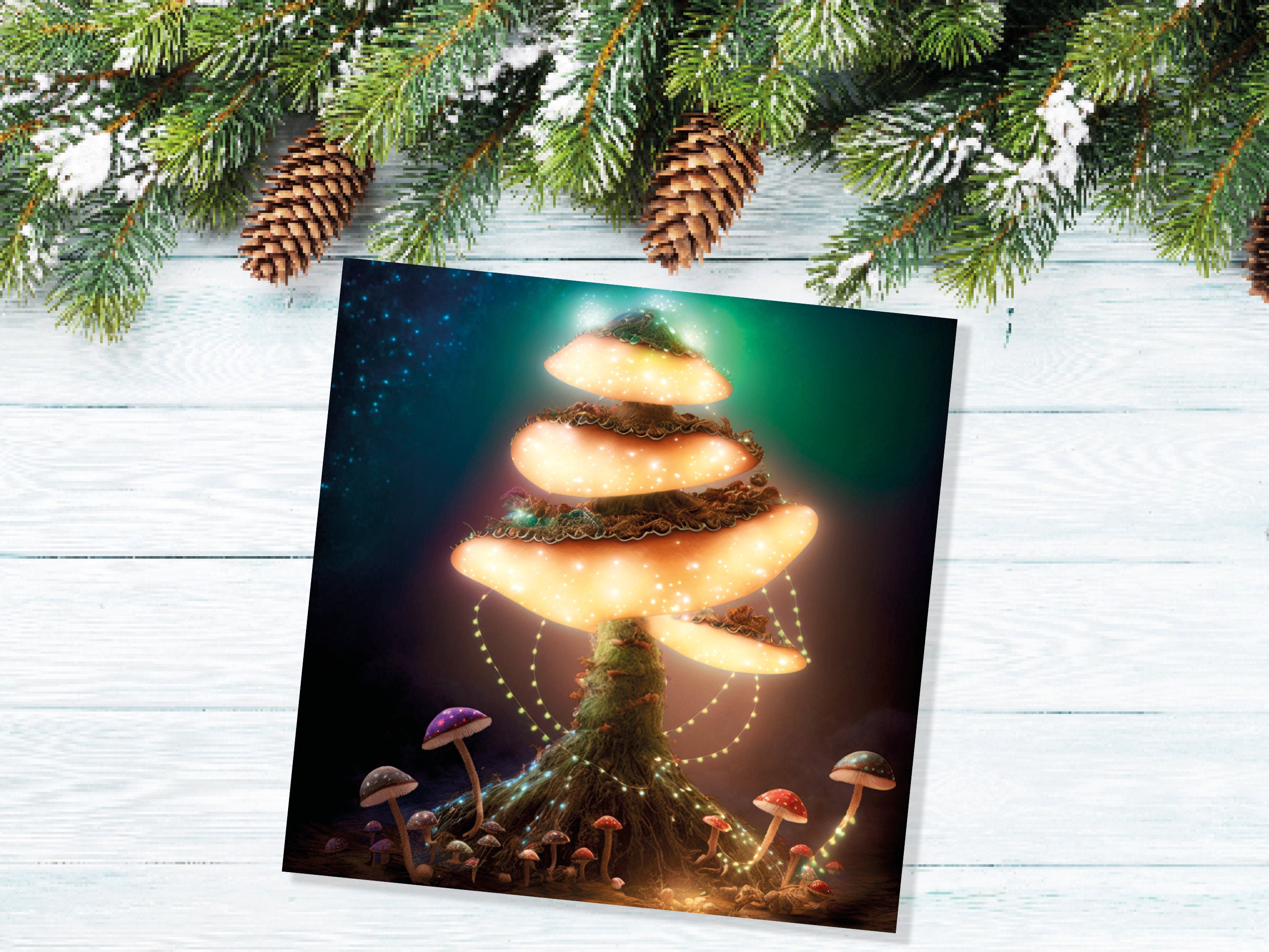 Glowing Mushroom Mystical Greeting Card Teal Golden Magic Glow Fairycore Fairytale Lights Unique Whimsical For Family Friends Xmas 2024 Card - View 6