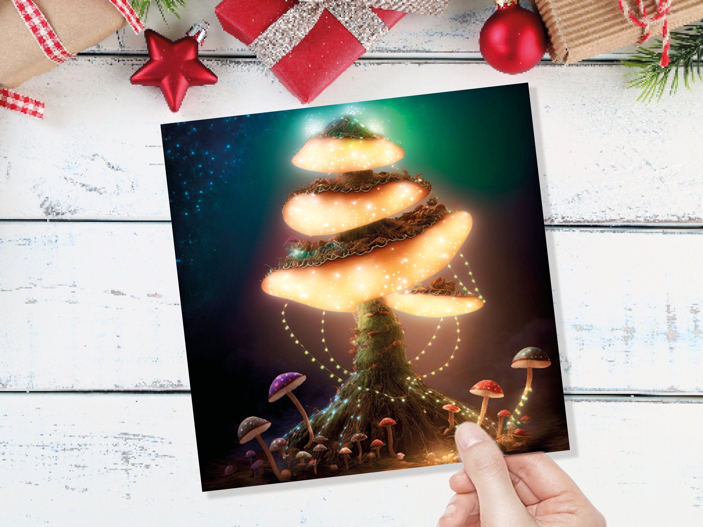 Glowing Mushroom Mystical Greeting Card Teal Golden Magic Glow Fairycore Fairytale Lights Unique Whimsical For Family Friends Xmas 2024 Card