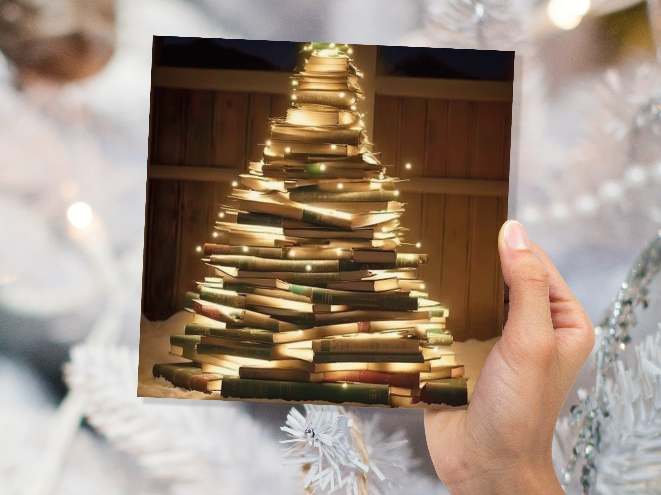 Bookworms Christmas Tree Card for Librarians Book Clubs Library Readers Fairy Lights Stack of Books Greetings For Family Friends Xmas 2024