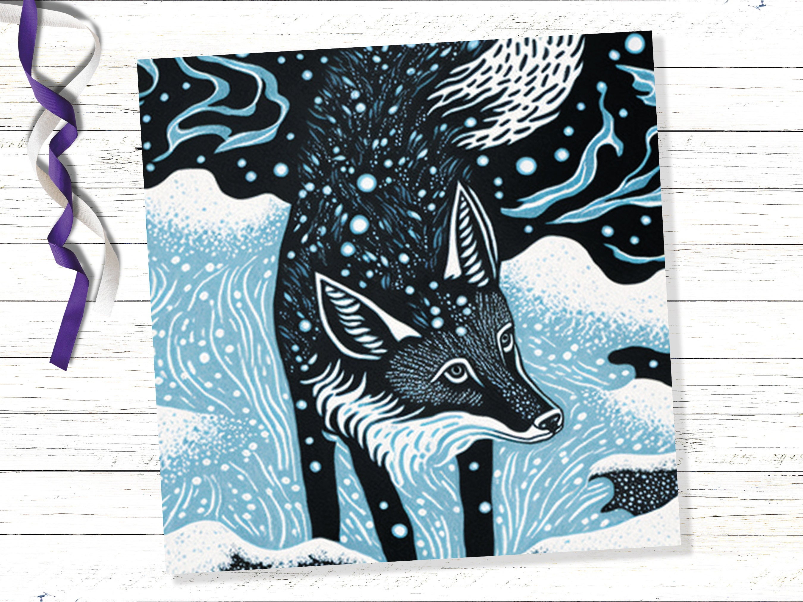 Linocut Fox Card Winter Snowy Woodland Illustration Blue White Black Landscape Snow Scene Greetings For Family Friends Xmas 2024 Thank You - View 8