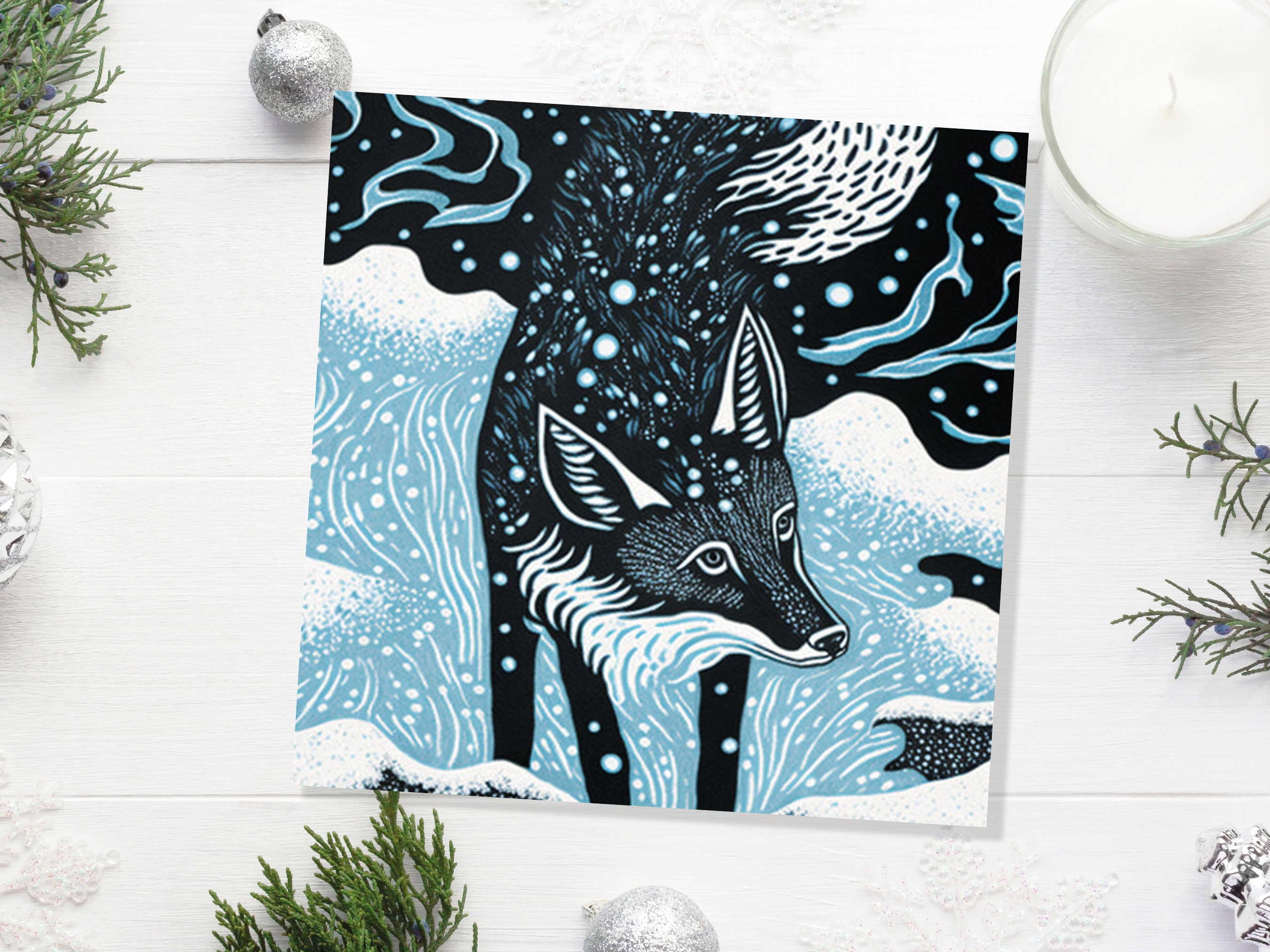 Linocut Fox Card Winter Snowy Woodland Illustration Blue White Black Landscape Snow Scene Greetings For Family Friends Xmas 2024 Thank You - View 9