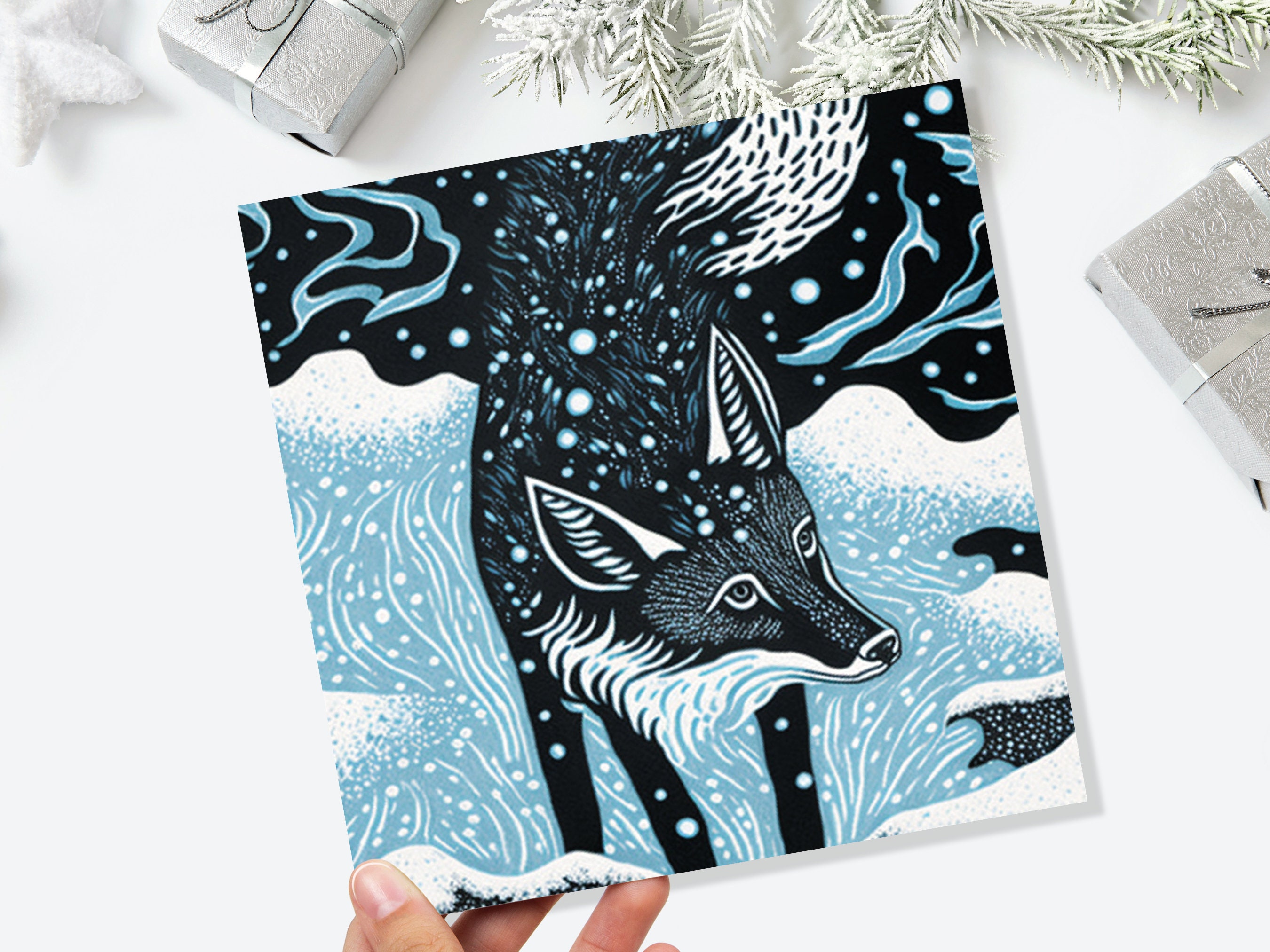 Linocut Fox Card Winter Snowy Woodland Illustration Blue White Black Landscape Snow Scene Greetings For Family Friends Xmas 2024 Thank You - View 2