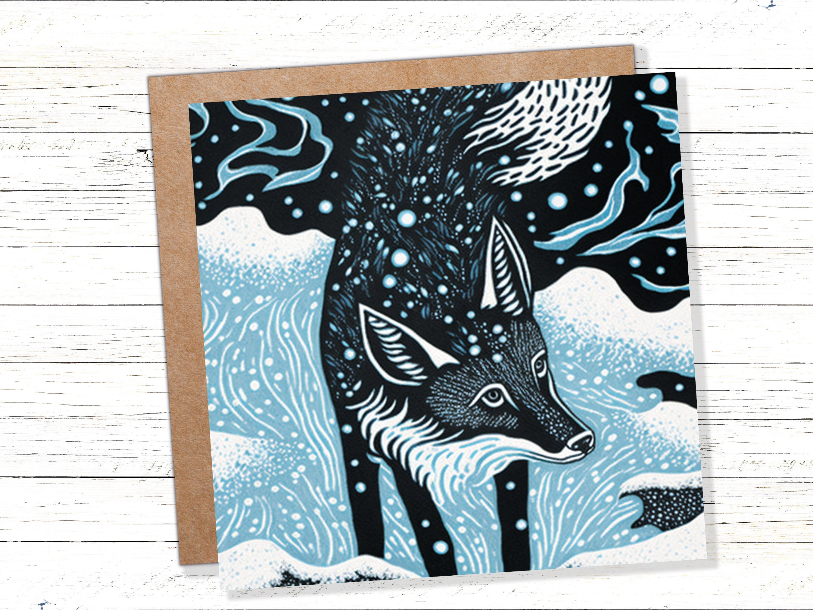 Linocut Fox Card Winter Snowy Woodland Illustration Blue White Black Landscape Snow Scene Greetings For Family Friends Xmas 2024 Thank You - View 4