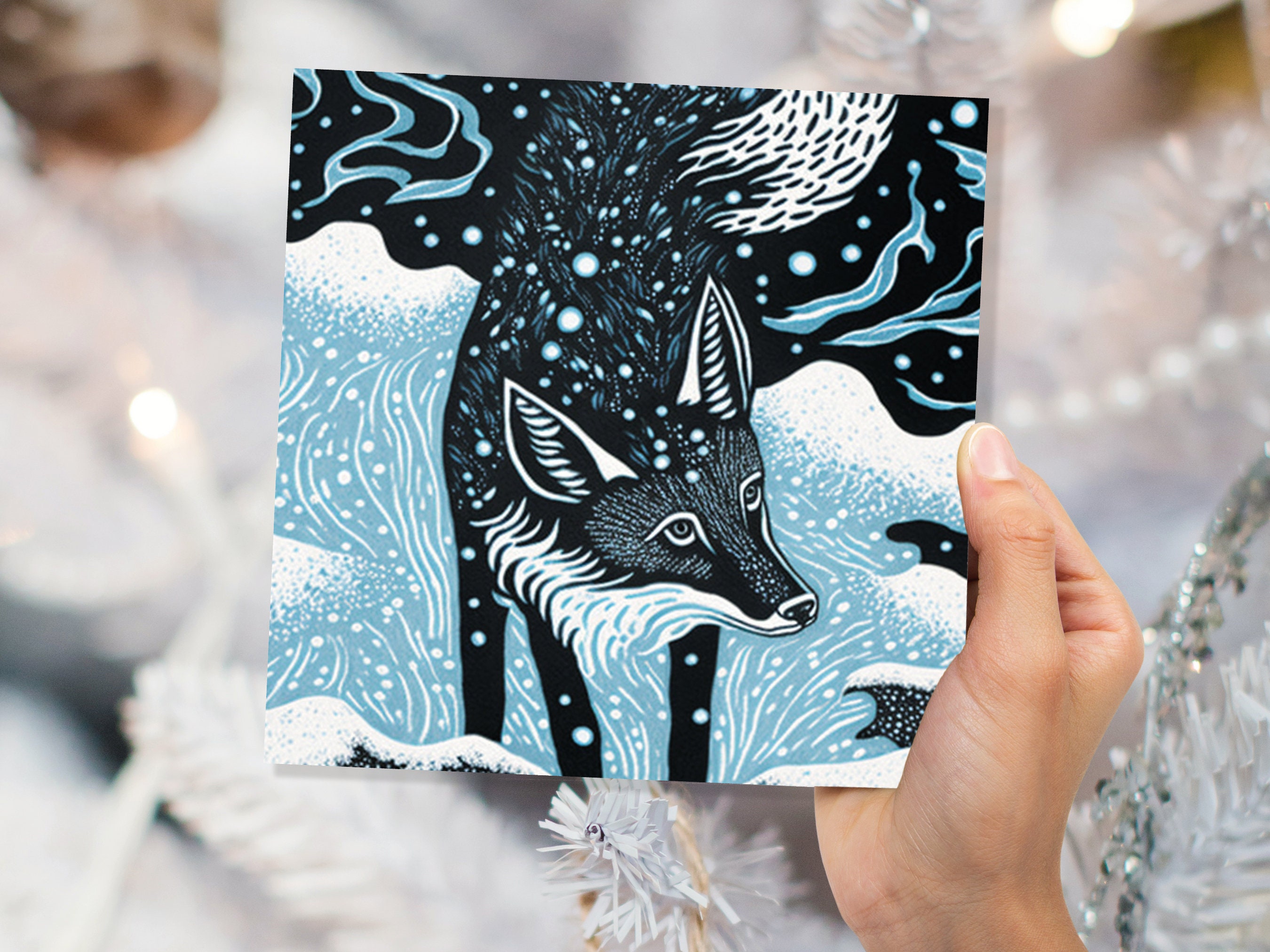 Linocut Fox Card Winter Snowy Woodland Illustration Blue White Black Landscape Snow Scene Greetings For Family Friends Xmas 2024 Thank You - View 5