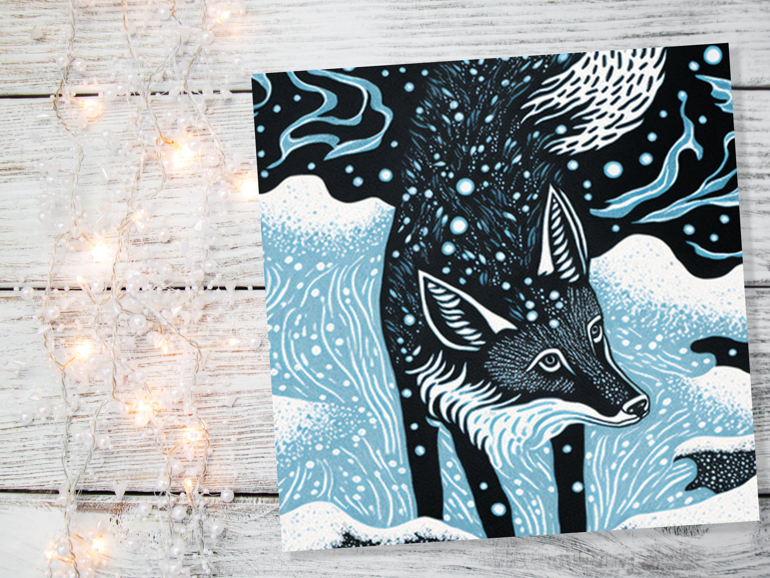 Linocut Fox Card Winter Snowy Woodland Illustration Blue White Black Landscape Snow Scene Greetings For Family Friends Xmas 2024 Thank You