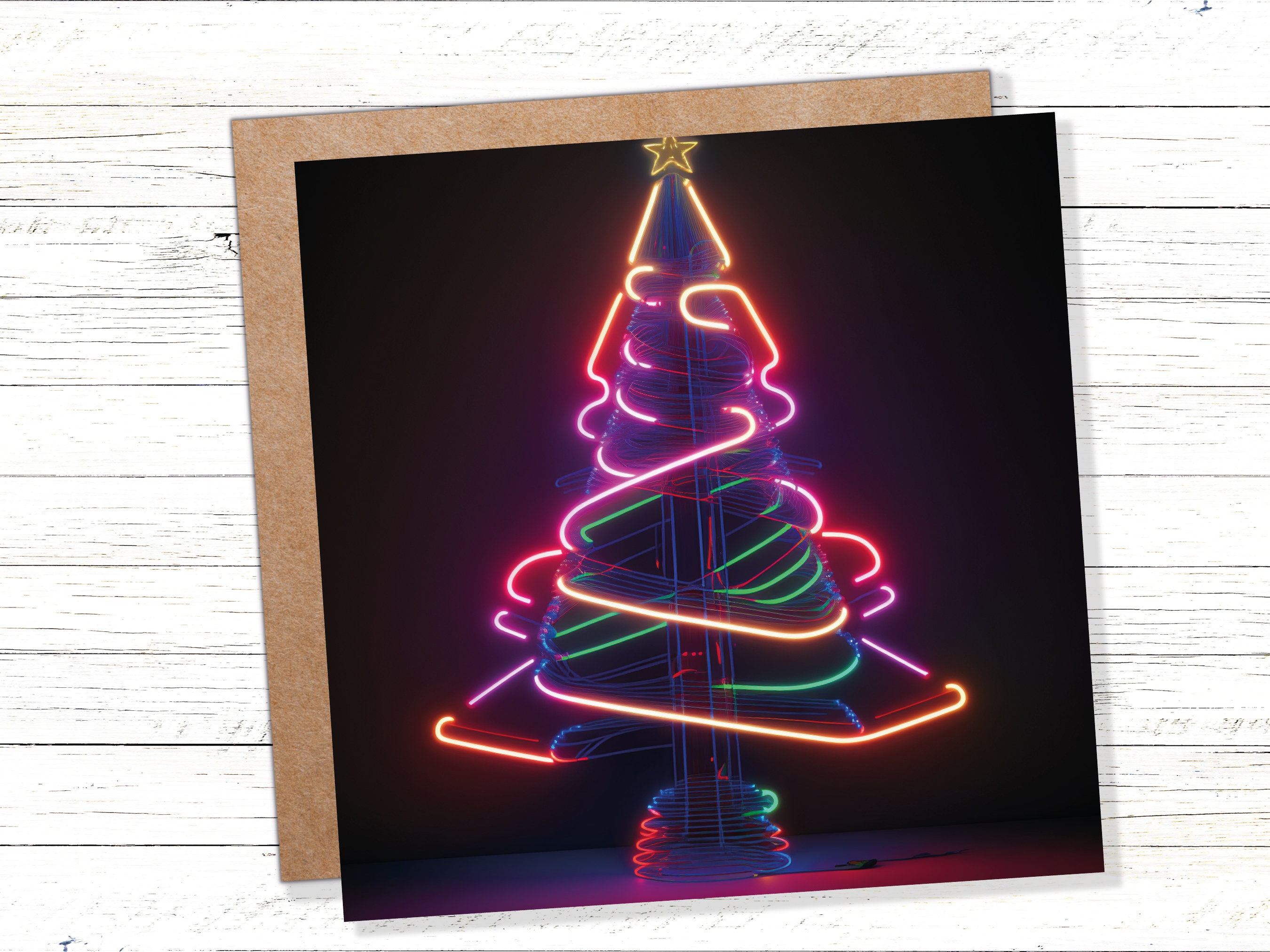 Neon Christmas Card Tree 80s Glowing Lights Tube Lighting Y2K Bright Colours Colourful Unusual Fun Modern Cards For Family Friends Xmas 2024