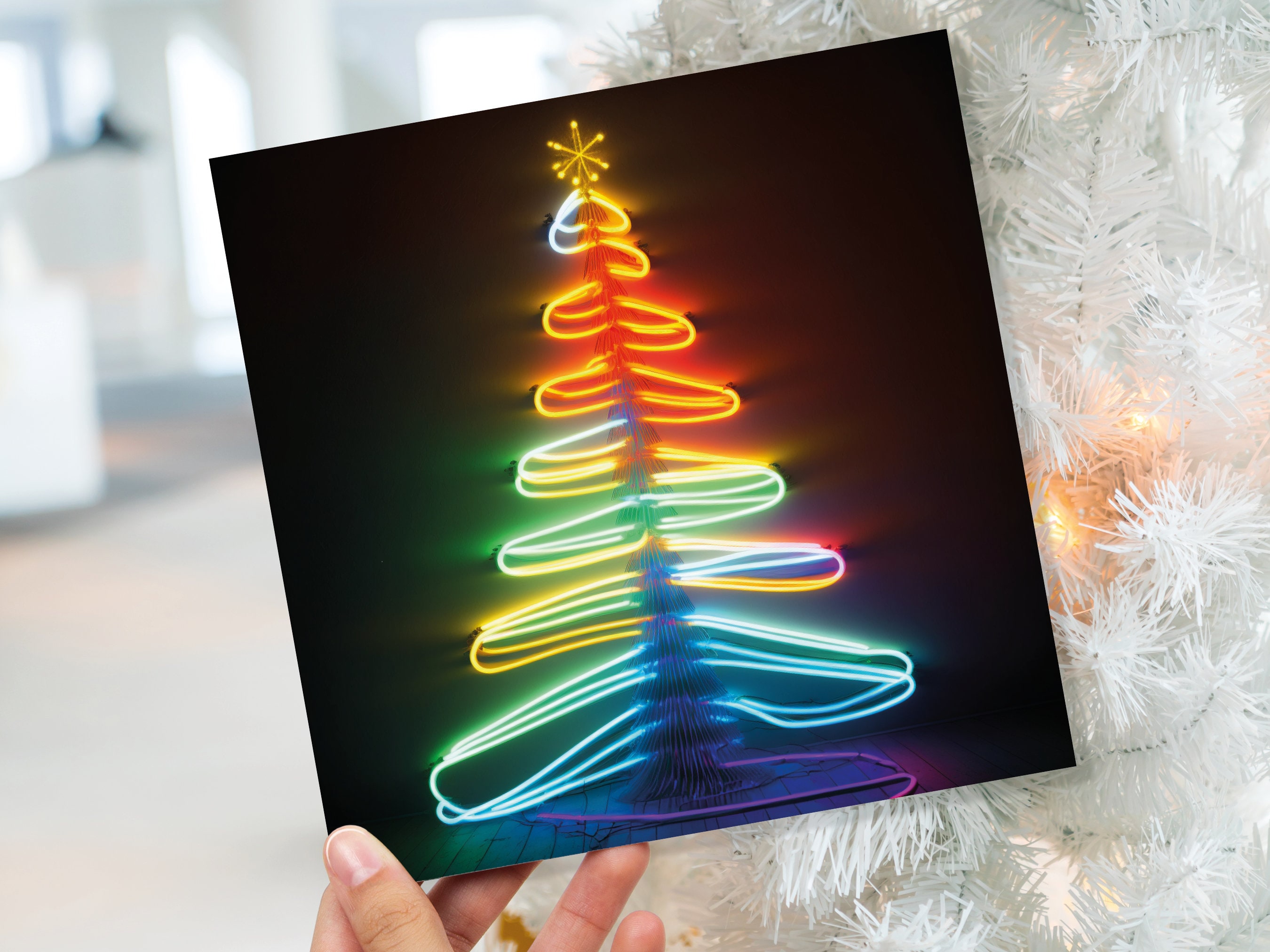 Neon Christmas Card Glowing Tree Lights Tube Lighting Y2K 80s Bright Colours Colourful Colours Unique Fun Cards For Family Friends Xmas 2024