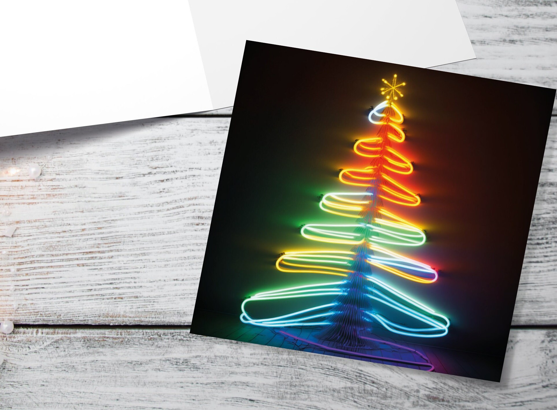 Neon Christmas Card Glowing Tree Lights Tube Lighting Y2K 80s Bright Colours Colourful Colours Unique Fun Cards For Family Friends Xmas 2024 - View 3