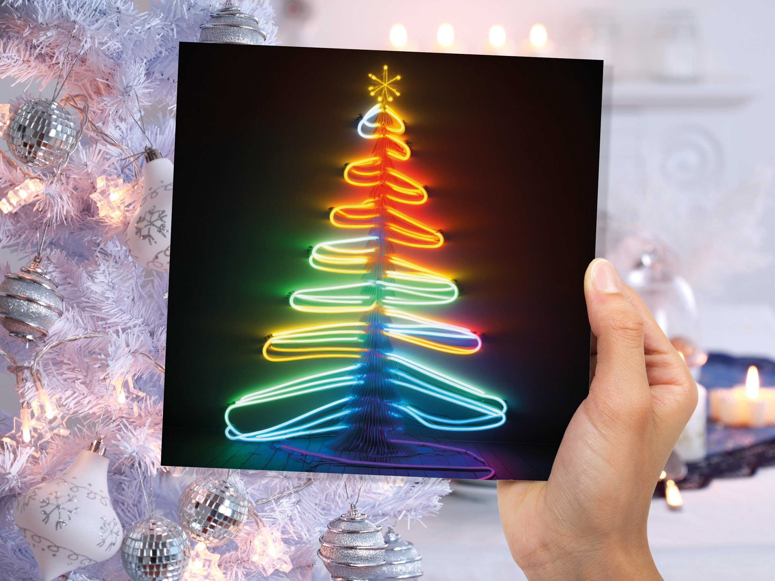 Neon Christmas Card Glowing Tree Lights Tube Lighting Y2K 80s Bright Colours Colourful Colours Unique Fun Cards For Family Friends Xmas 2024 - View 4