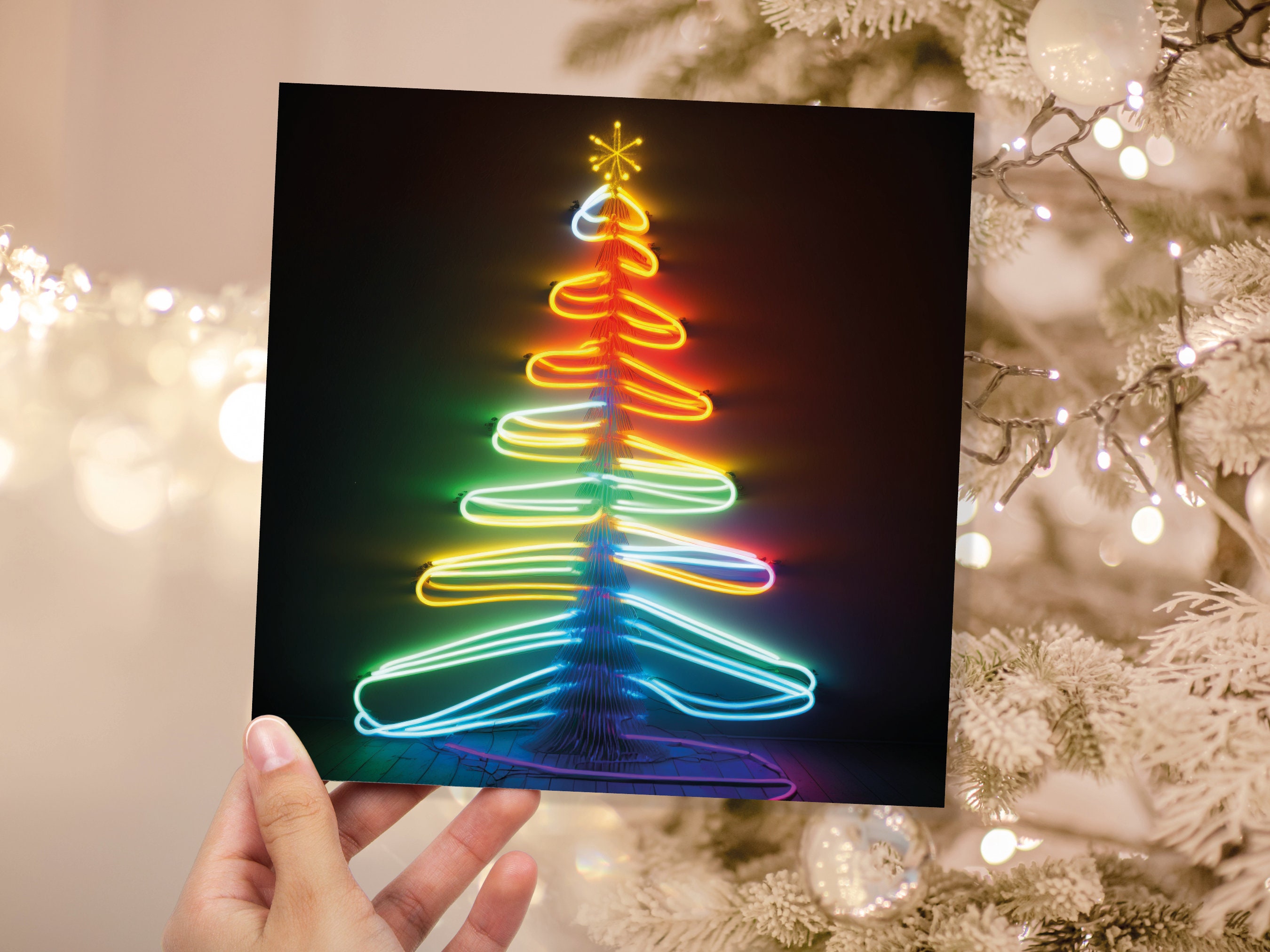 Neon Christmas Card Glowing Tree Lights Tube Lighting Y2K 80s Bright Colours Colourful Colours Unique Fun Cards For Family Friends Xmas 2024 - View 5