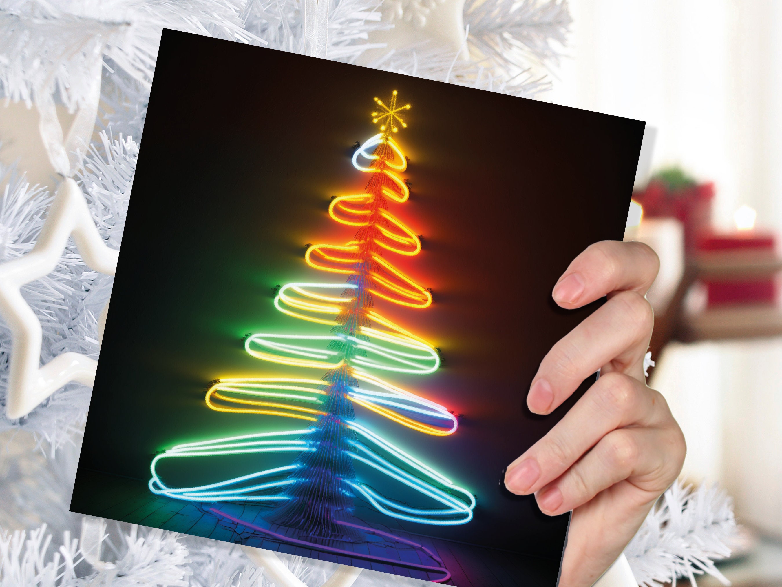 Neon Christmas Card Glowing Tree Lights Tube Lighting Y2K 80s Bright Colours Colourful Colours Unique Fun Cards For Family Friends Xmas 2024 - View 8