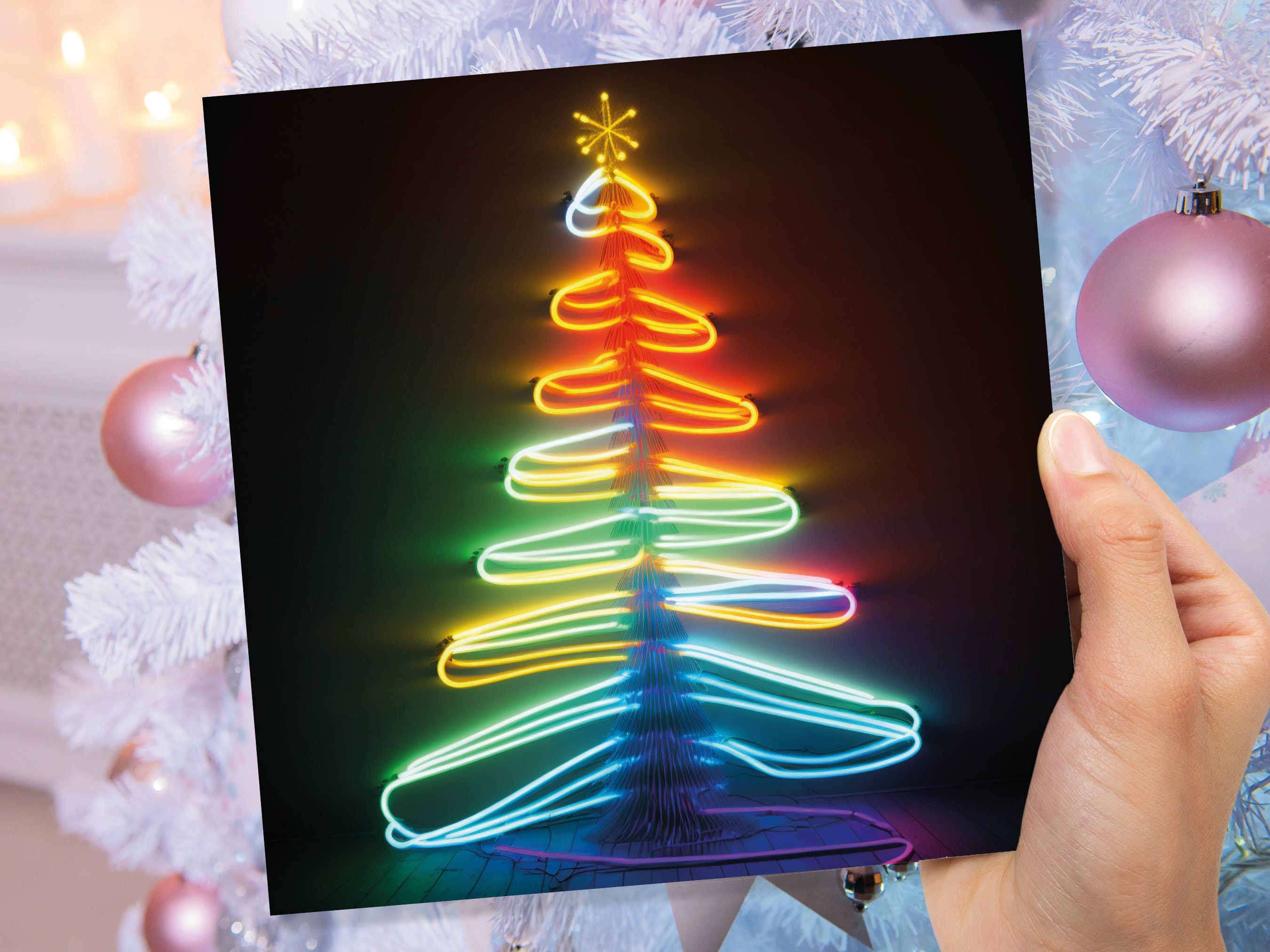 Neon Christmas Card Glowing Tree Lights Tube Lighting Y2K 80s Bright Colours Colourful Colours Unique Fun Cards For Family Friends Xmas 2024 - View 9