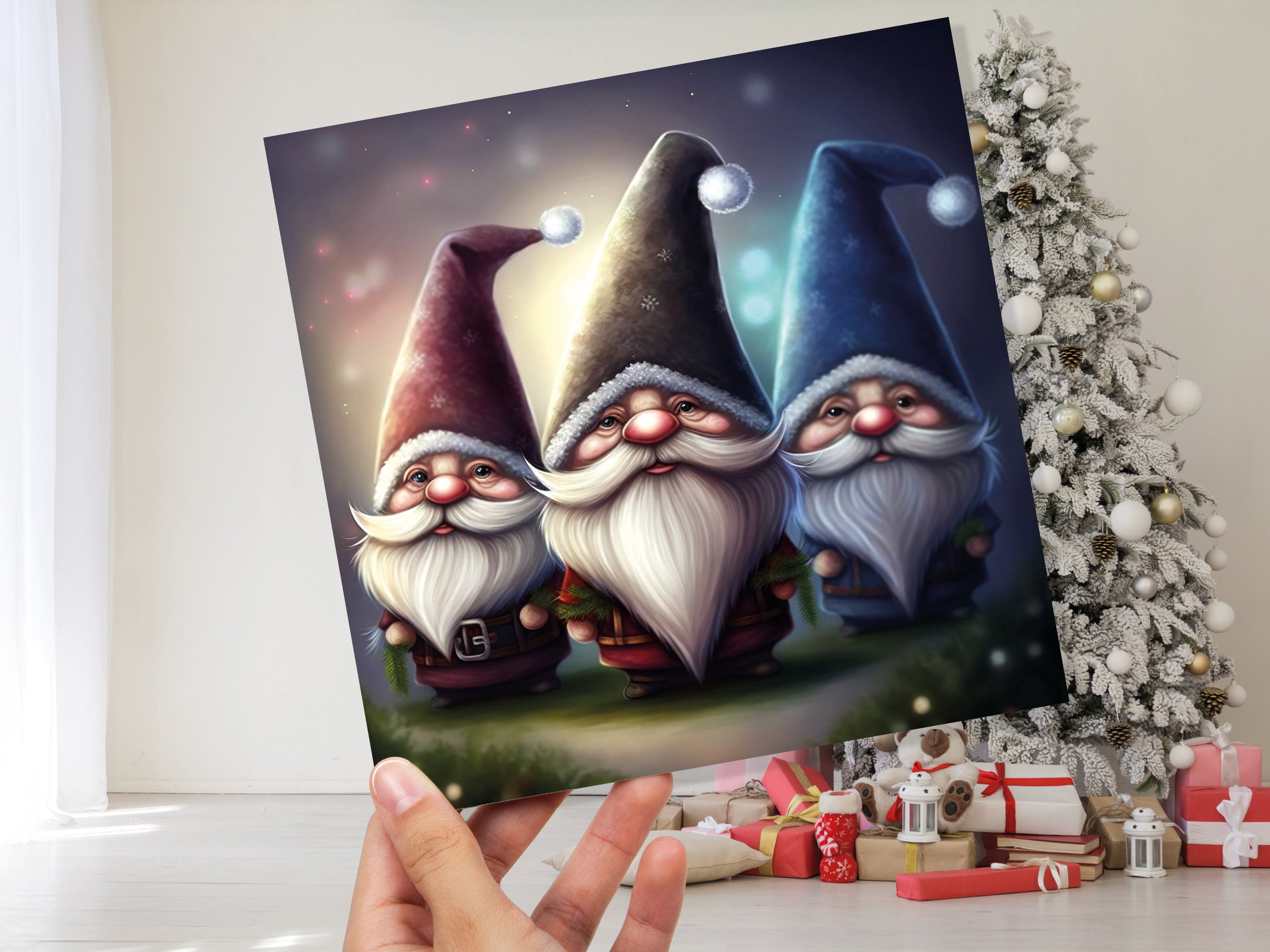 Gnomes Card Cute Little Dwarves with Festive Hats and Beards Festive Glowing Magical Gnome Elf Cards For Family Friends Christmas Thank You - View 10