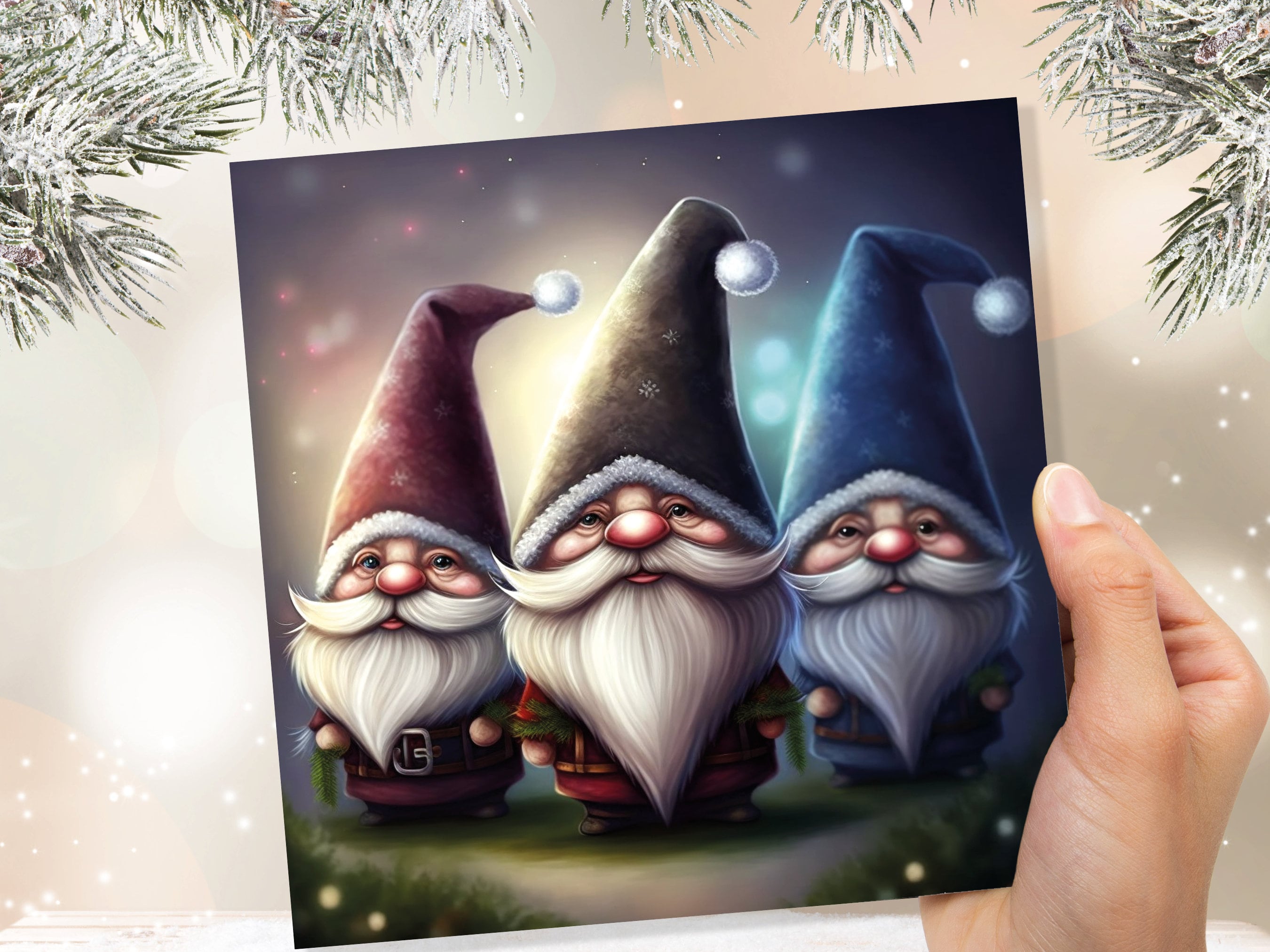 Gnomes Card Cute Little Dwarves with Festive Hats and Beards Festive Glowing Magical Gnome Elf Cards For Family Friends Christmas Thank You