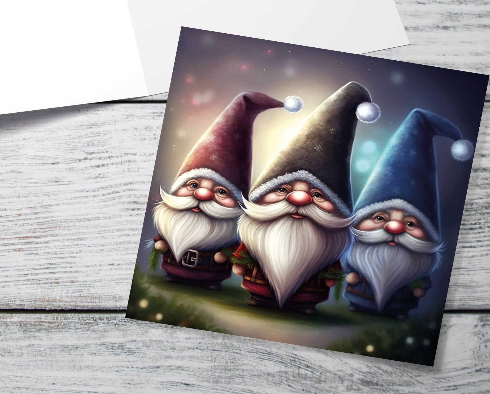 Gnomes Card Cute Little Dwarves with Festive Hats and Beards Festive Glowing Magical Gnome Elf Cards For Family Friends Christmas Thank You - View 2