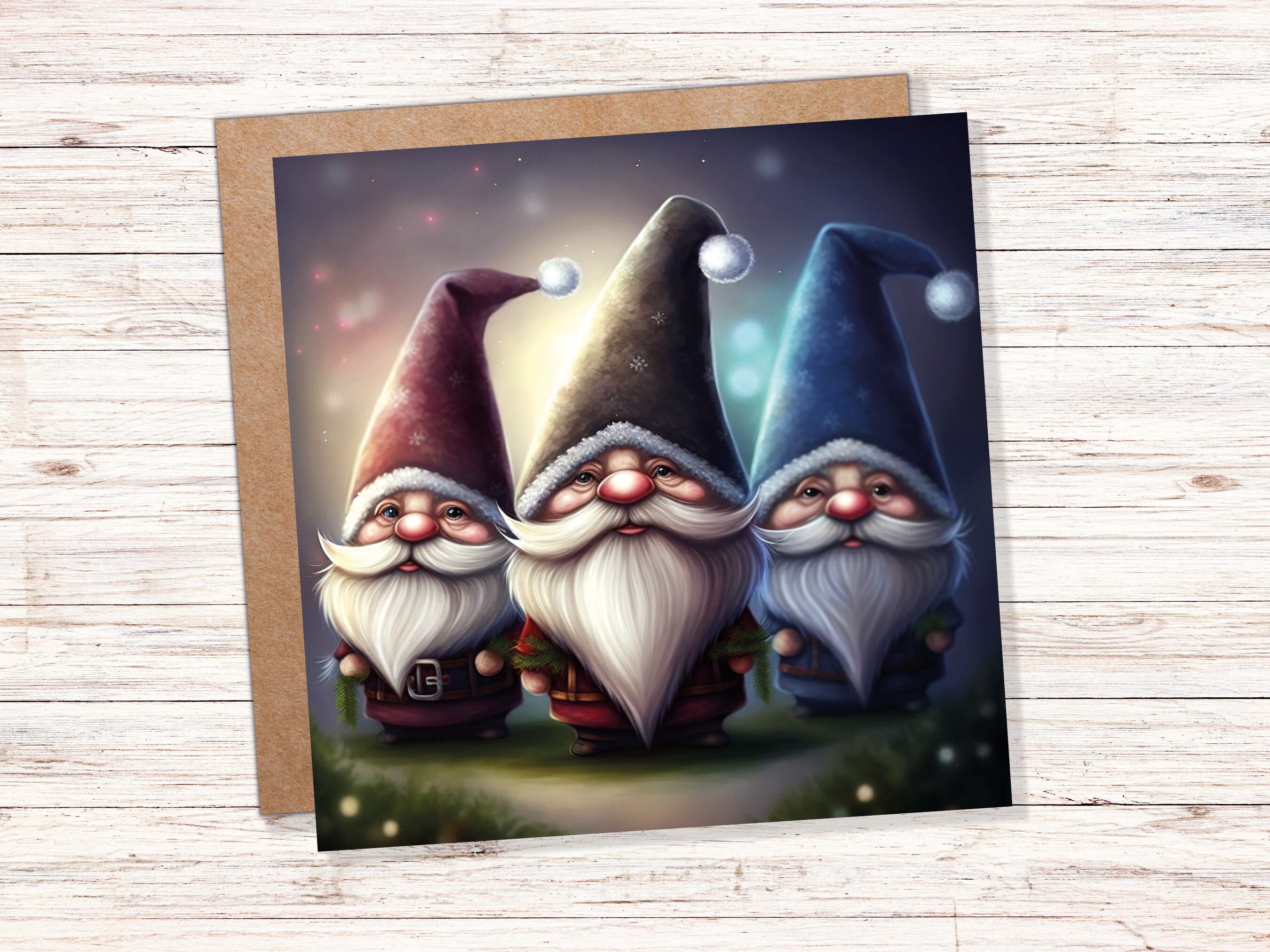 Gnomes Card Cute Little Dwarves with Festive Hats and Beards Festive Glowing Magical Gnome Elf Cards For Family Friends Christmas Thank You - View 3