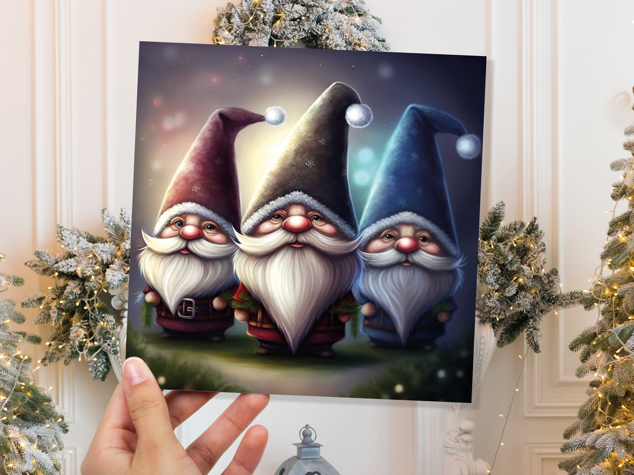 Gnomes Card Cute Little Dwarves with Festive Hats and Beards Festive Glowing Magical Gnome Elf Cards For Family Friends Christmas Thank You - View 4