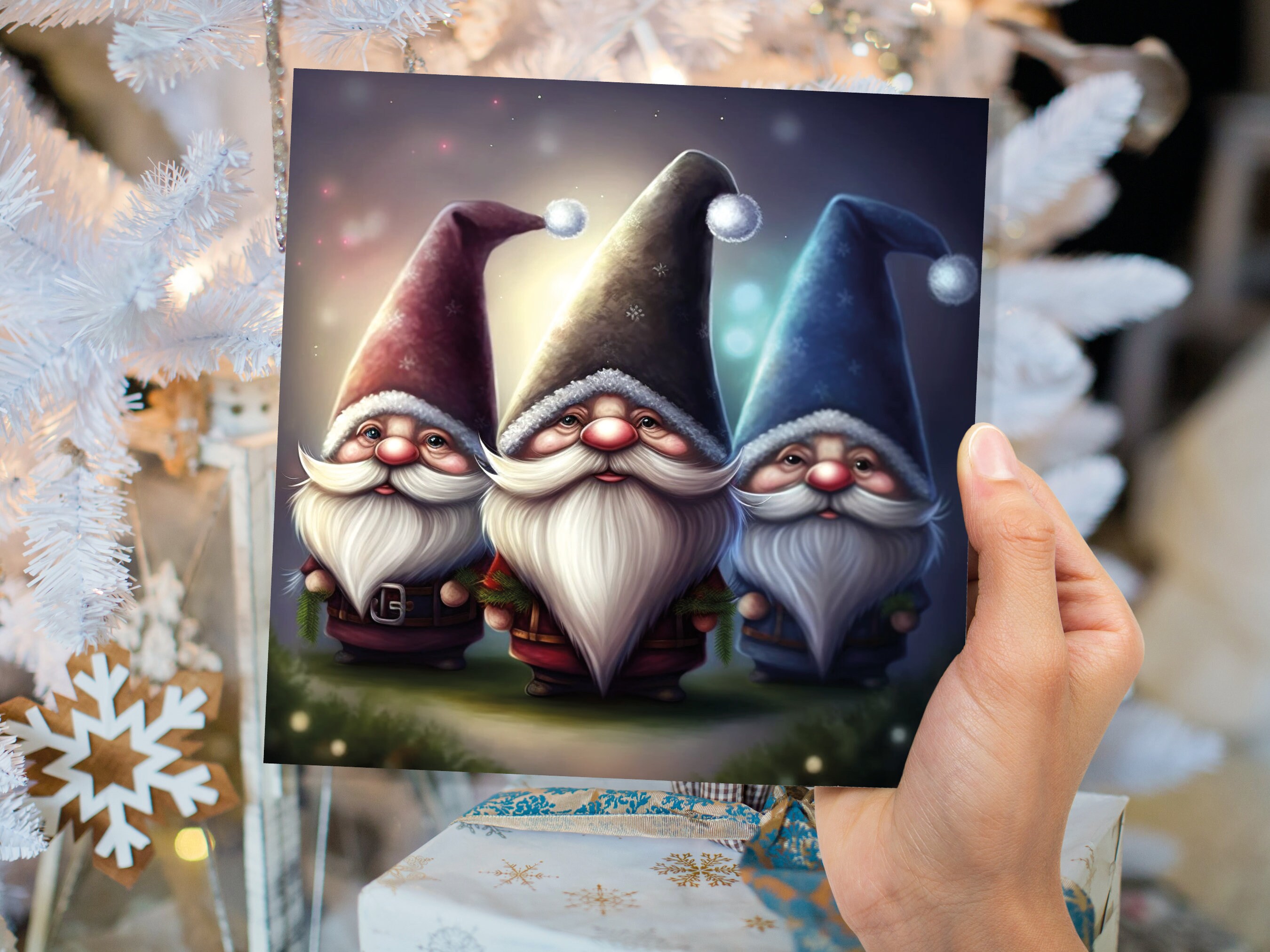 Gnomes Card Cute Little Dwarves with Festive Hats and Beards Festive Glowing Magical Gnome Elf Cards For Family Friends Christmas Thank You - View 5