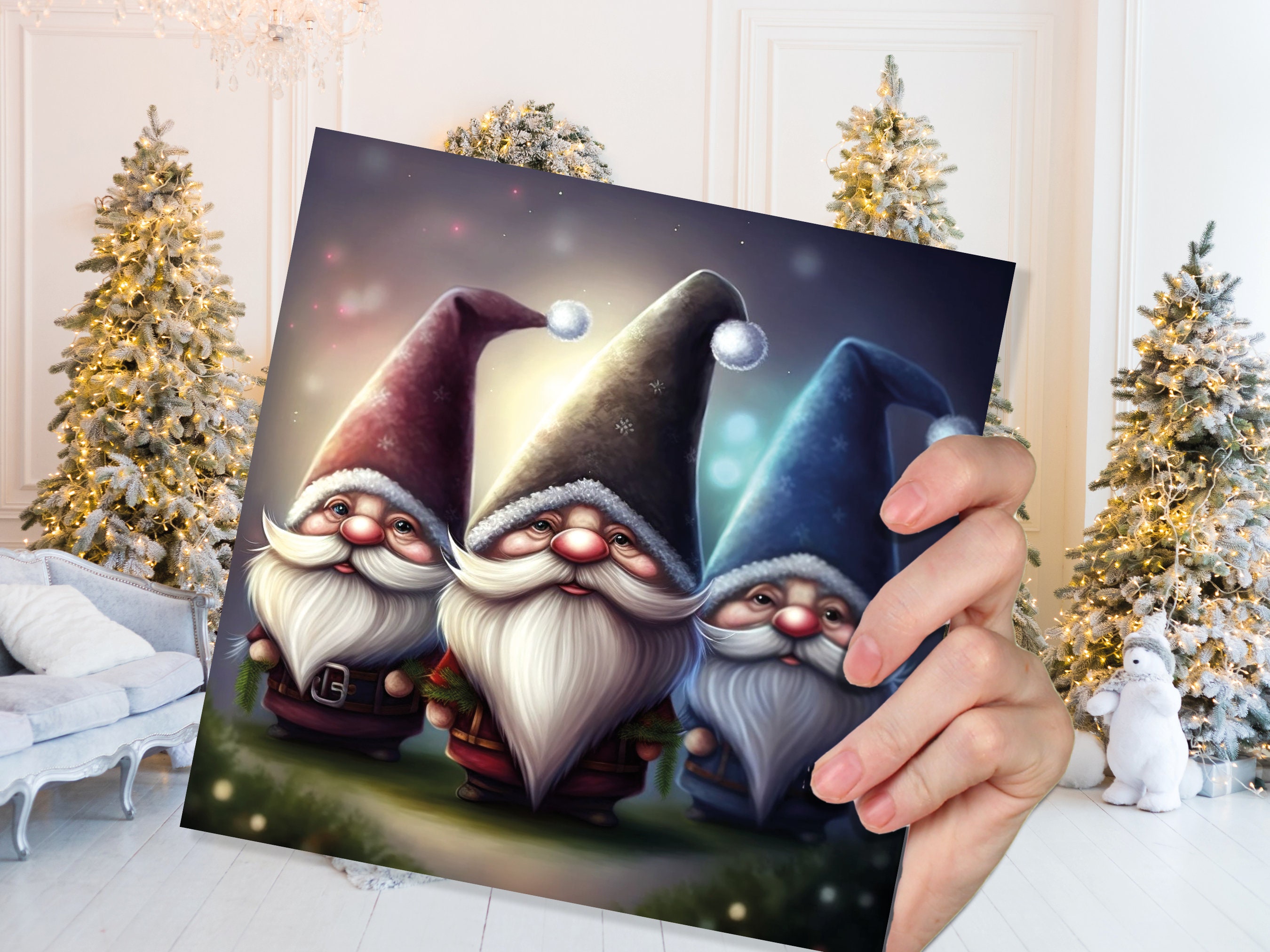 Gnomes Card Cute Little Dwarves with Festive Hats and Beards Festive Glowing Magical Gnome Elf Cards For Family Friends Christmas Thank You - View 6