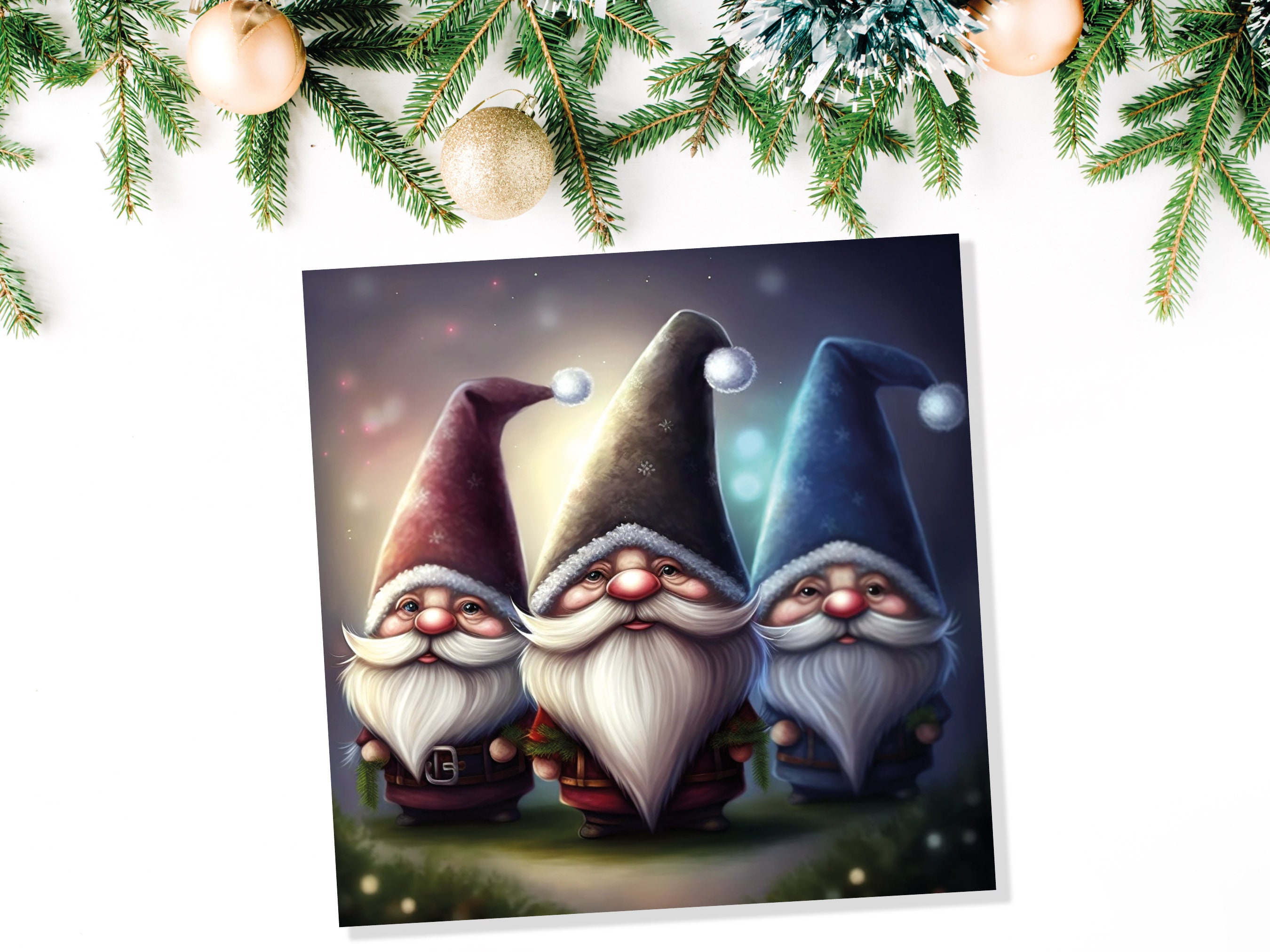 Gnomes Card Cute Little Dwarves with Festive Hats and Beards Festive Glowing Magical Gnome Elf Cards For Family Friends Christmas Thank You - View 7