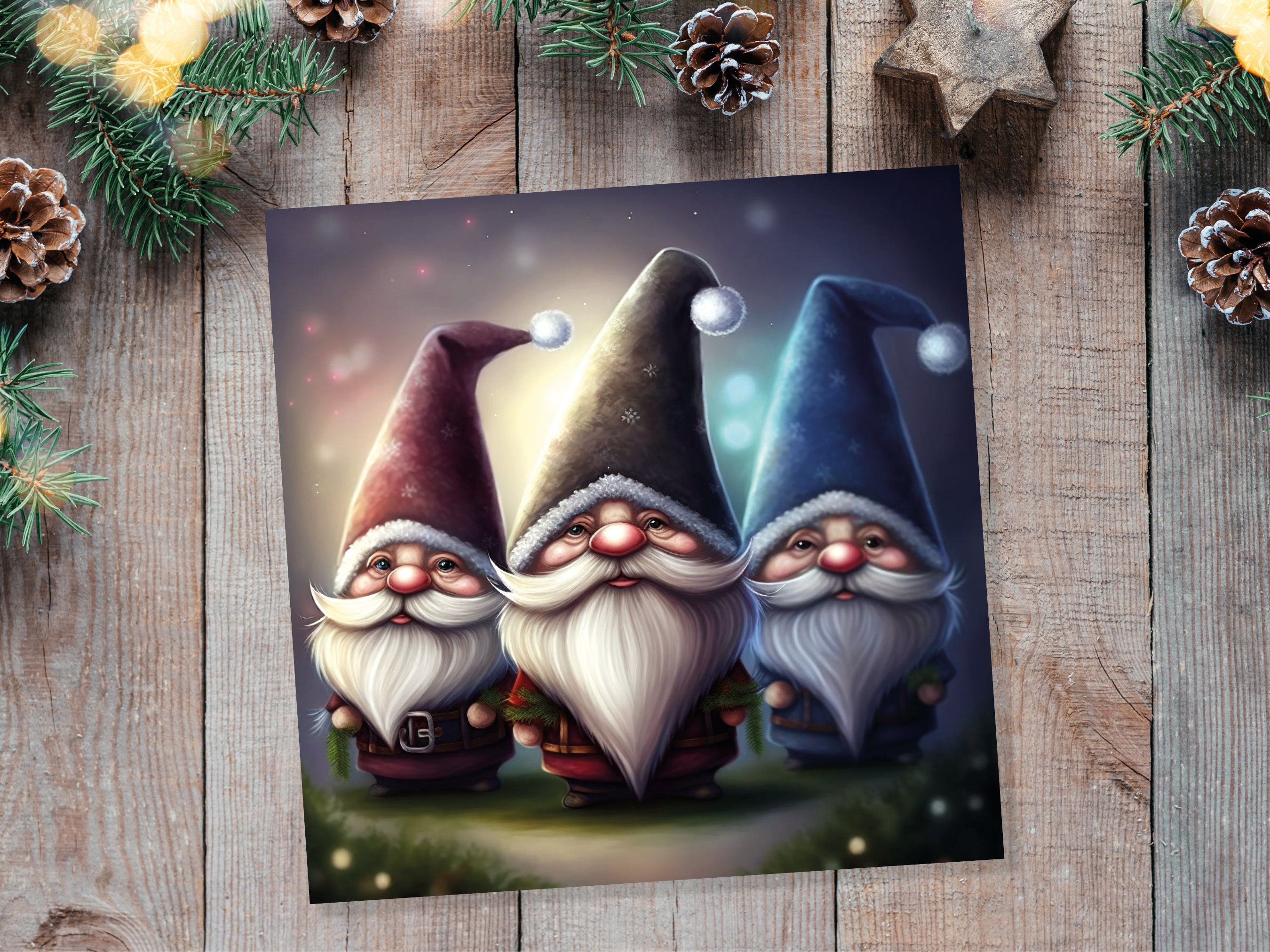 Gnomes Card Cute Little Dwarves with Festive Hats and Beards Festive Glowing Magical Gnome Elf Cards For Family Friends Christmas Thank You - View 8