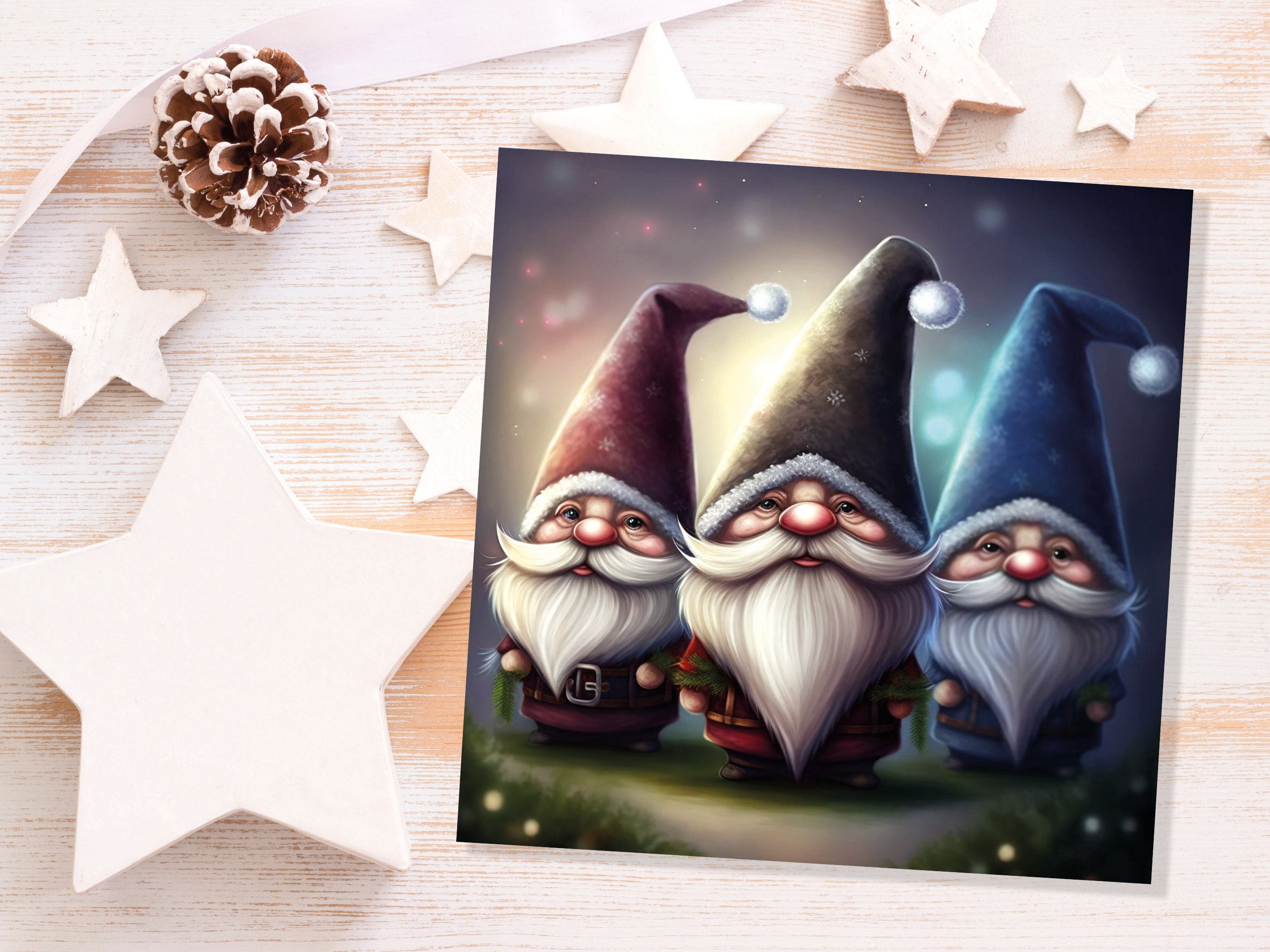 Gnomes Card Cute Little Dwarves with Festive Hats and Beards Festive Glowing Magical Gnome Elf Cards For Family Friends Christmas Thank You - View 9