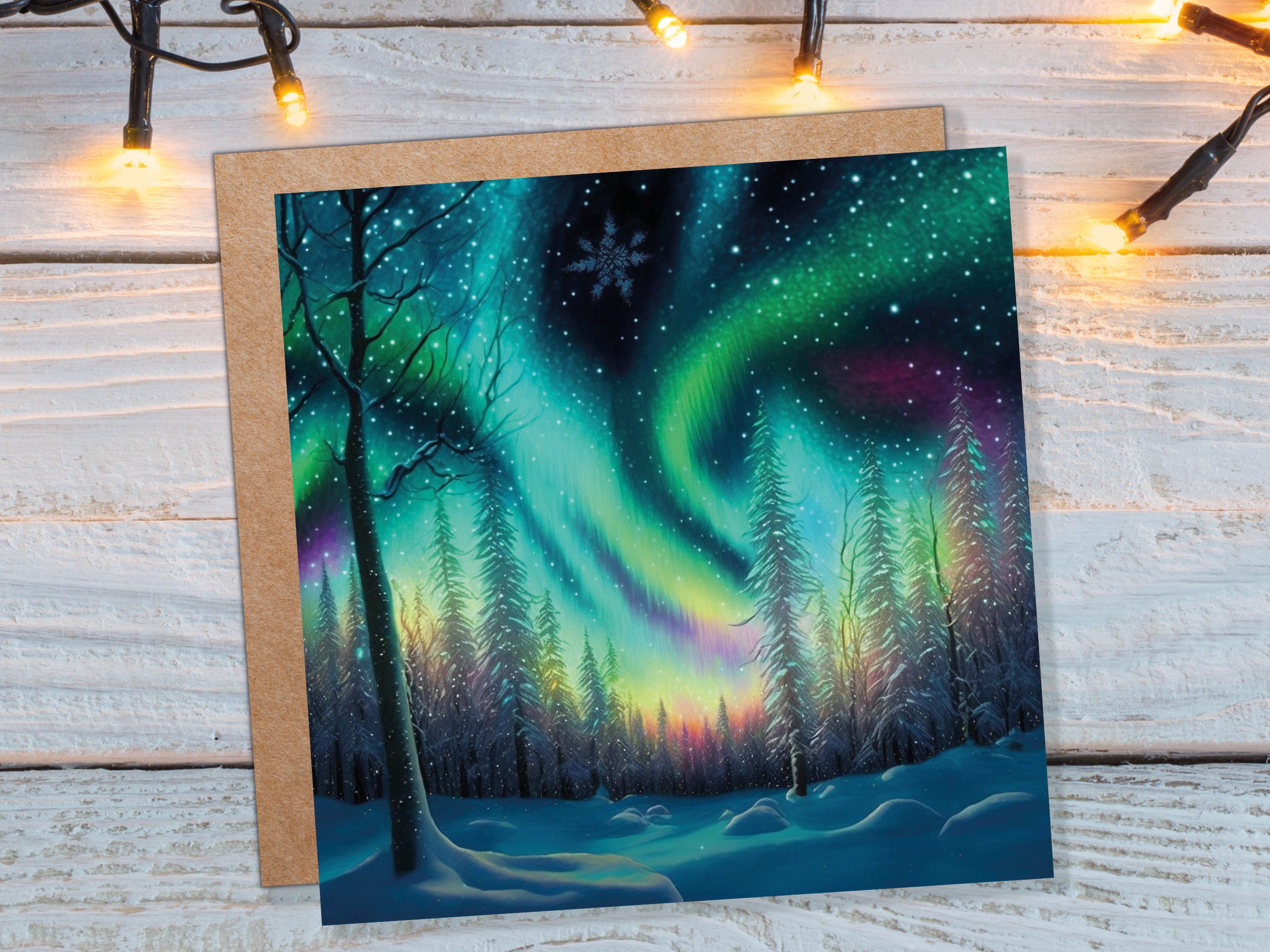 Northern Lights Christmas Cards Beautiful Winter Snow Scene Snowy Scenery Green Aurora Borealis Xmas Cards For Family Friends 2024 Holidays - View 3