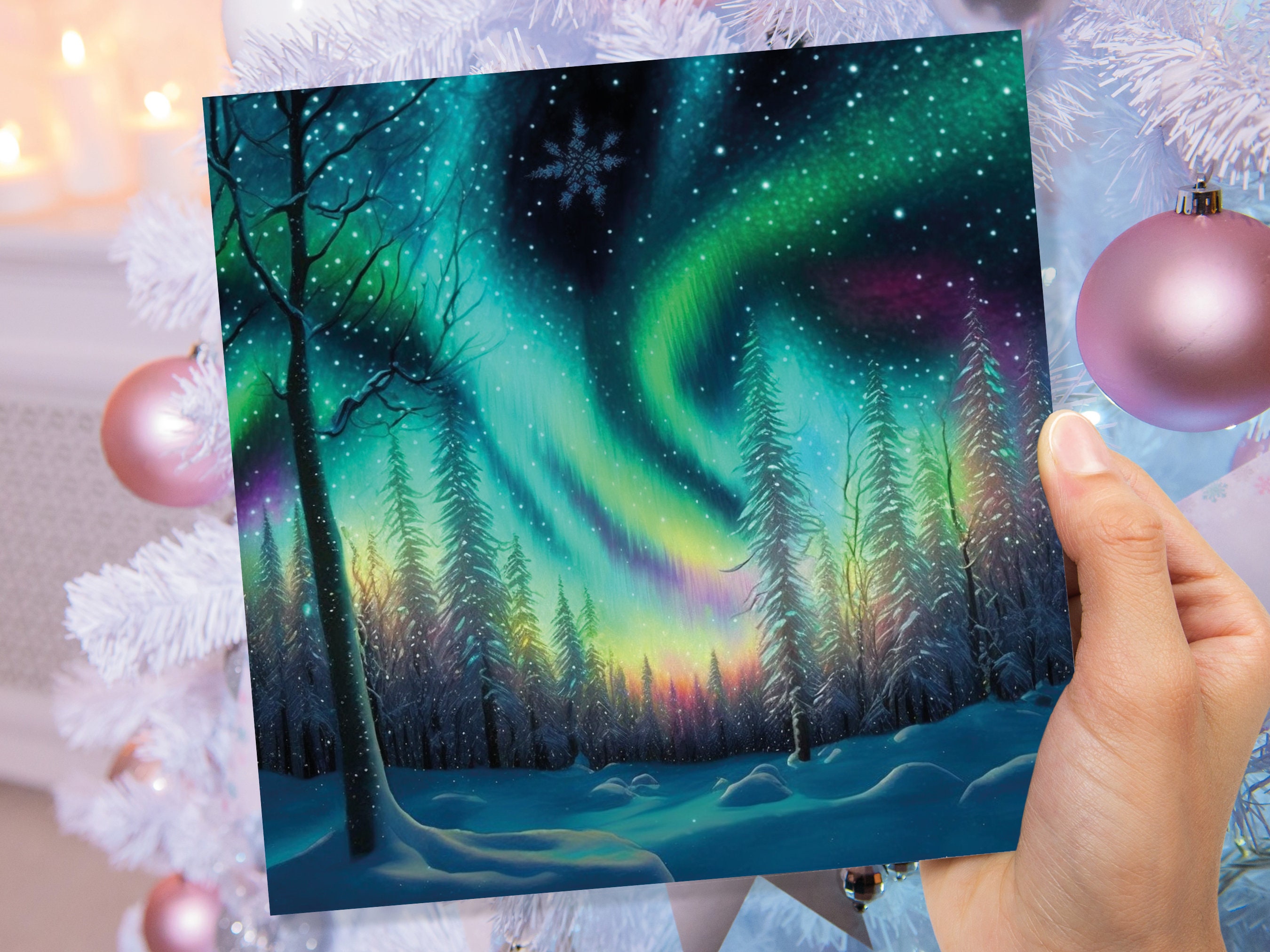 Northern Lights Christmas Cards Beautiful Winter Snow Scene Snowy Scenery Green Aurora Borealis Xmas Cards For Family Friends 2024 Holidays - View 8