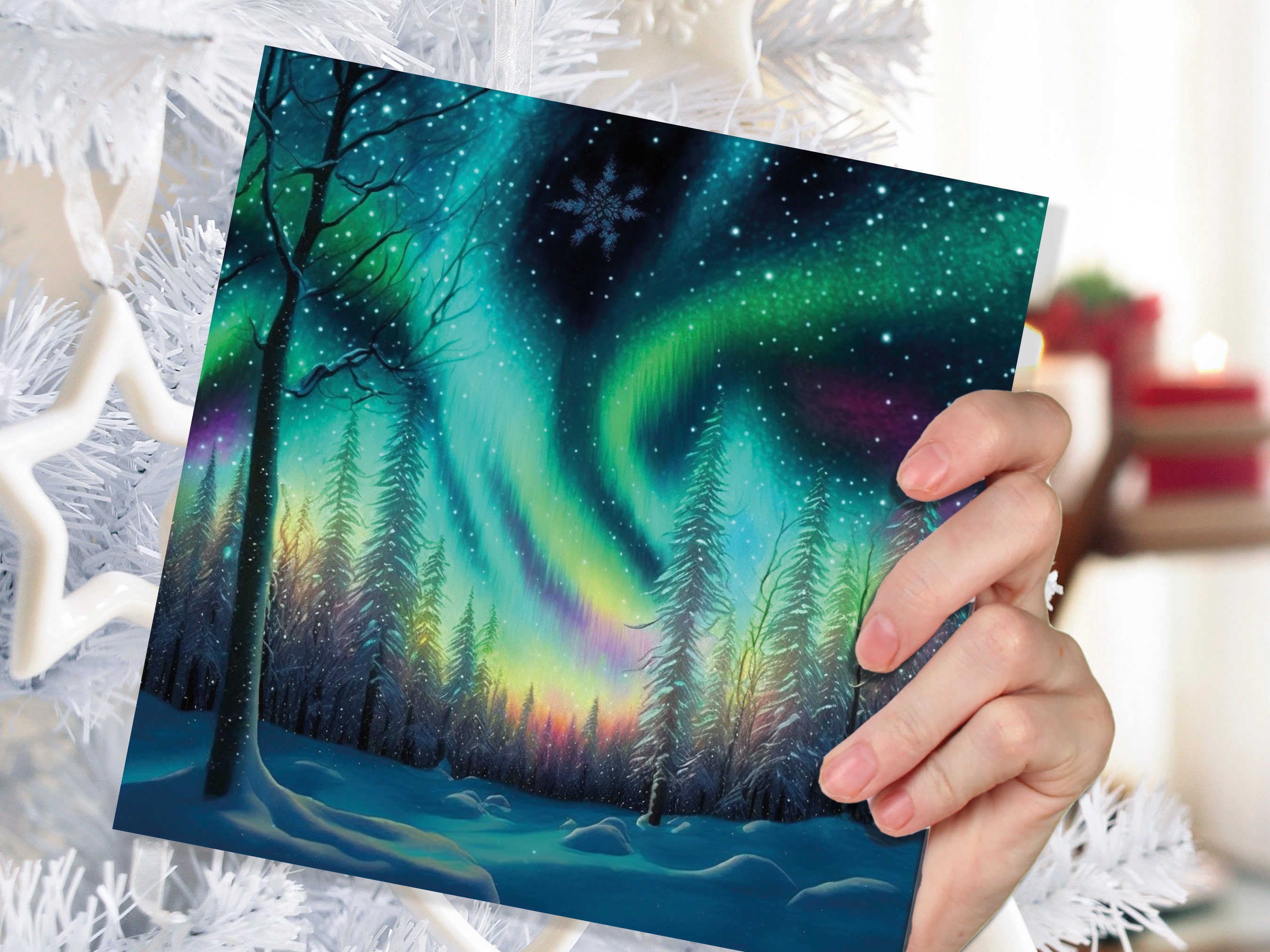 Northern Lights Christmas Cards Beautiful Winter Snow Scene Snowy Scenery Green Aurora Borealis Xmas Cards For Family Friends 2024 Holidays - View 7