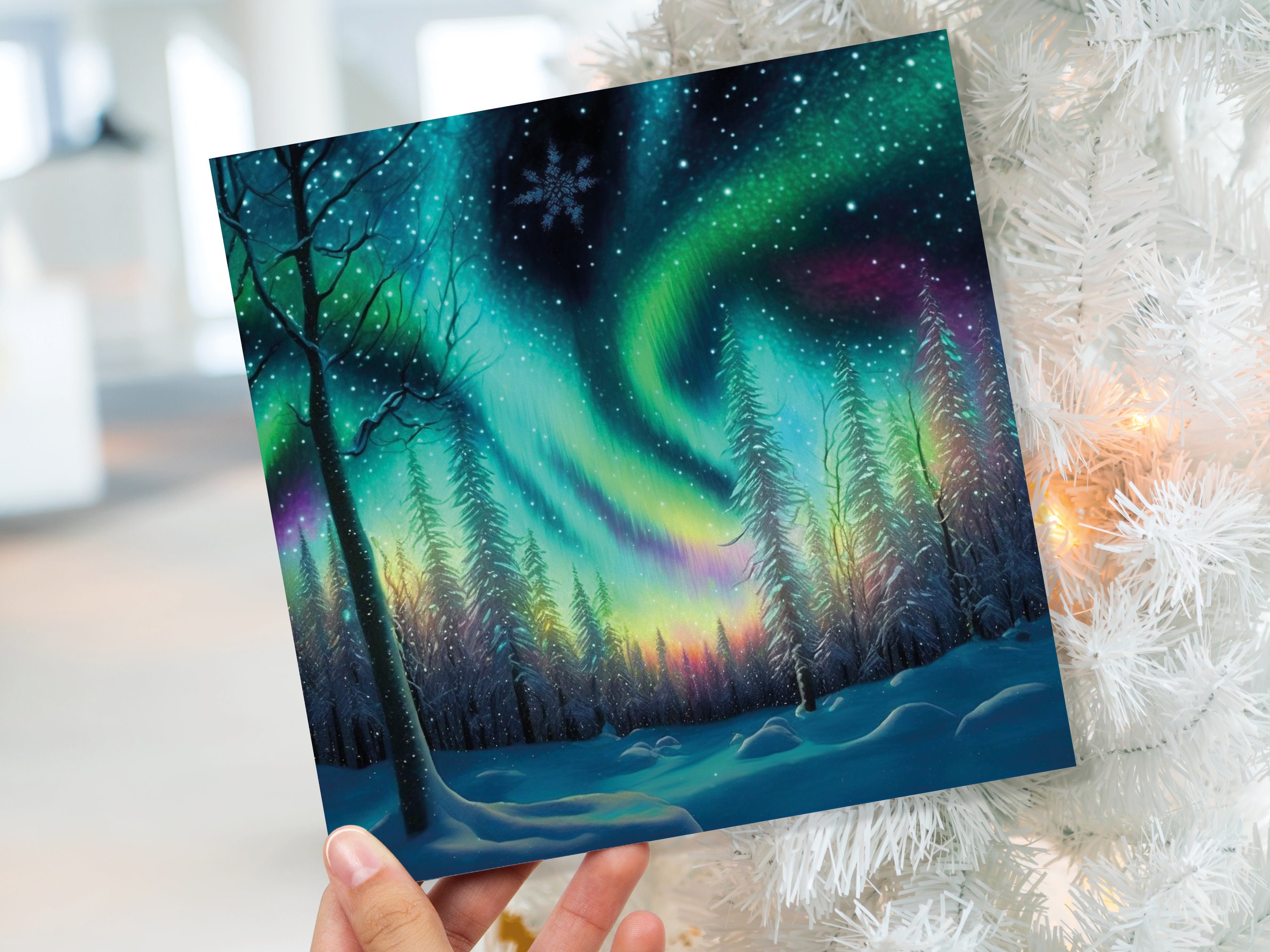 Northern Lights Christmas Cards Beautiful Winter Snow Scene Snowy Scenery Green Aurora Borealis Xmas Cards For Family Friends 2024 Holidays