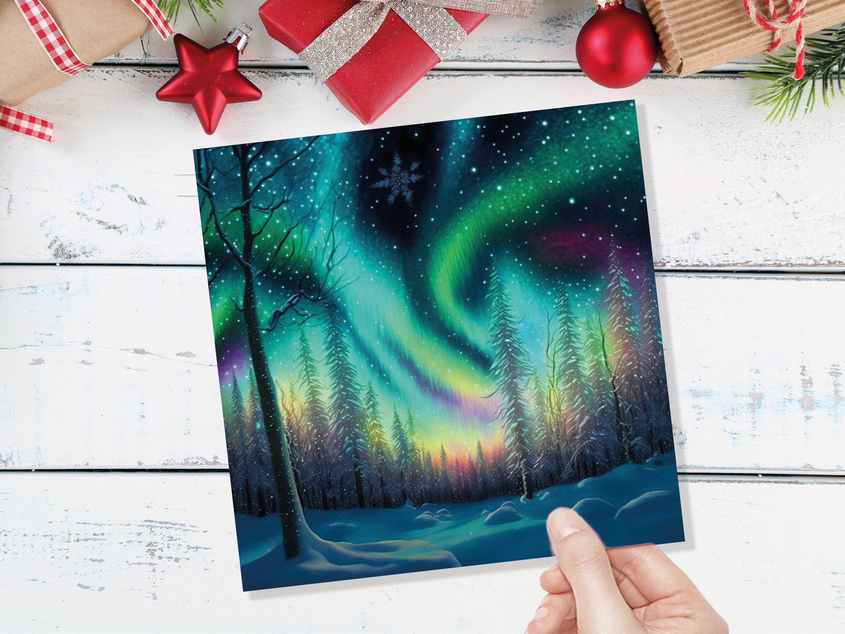 Northern Lights Christmas Cards Beautiful Winter Snow Scene Snowy Scenery Green Aurora Borealis Xmas Cards For Family Friends 2024 Holidays - View 9