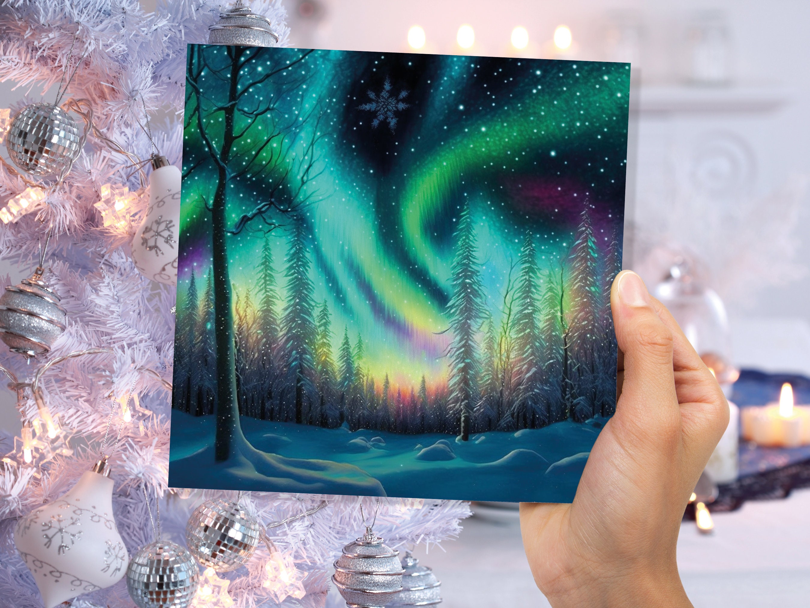 Northern Lights Christmas Cards Beautiful Winter Snow Scene Snowy Scenery Green Aurora Borealis Xmas Cards For Family Friends 2024 Holidays - View 4