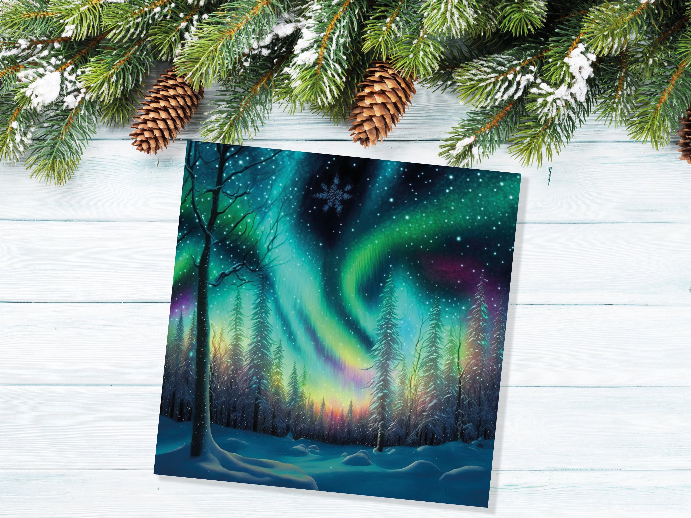 Northern Lights Christmas Cards Beautiful Winter Snow Scene Snowy Scenery Green Aurora Borealis Xmas Cards For Family Friends 2024 Holidays - View 5