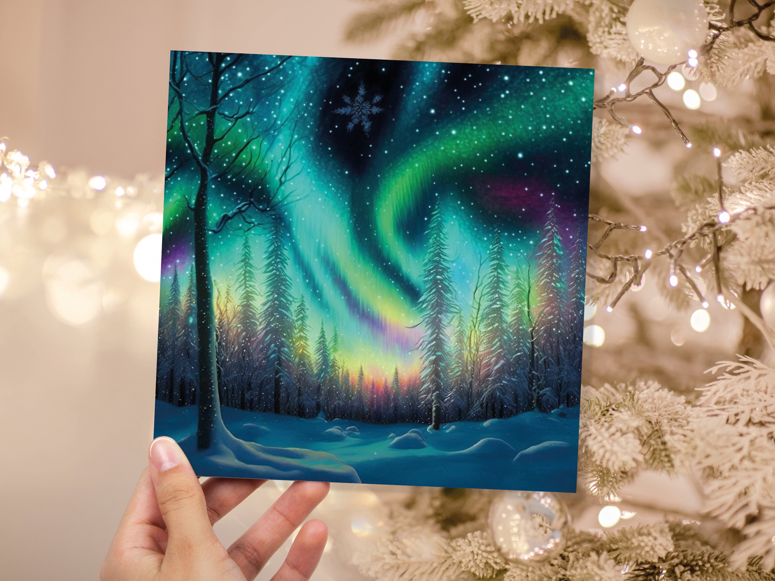 Northern Lights Christmas Cards Beautiful Winter Snow Scene Snowy Scenery Green Aurora Borealis Xmas Cards For Family Friends 2024 Holidays - View 2