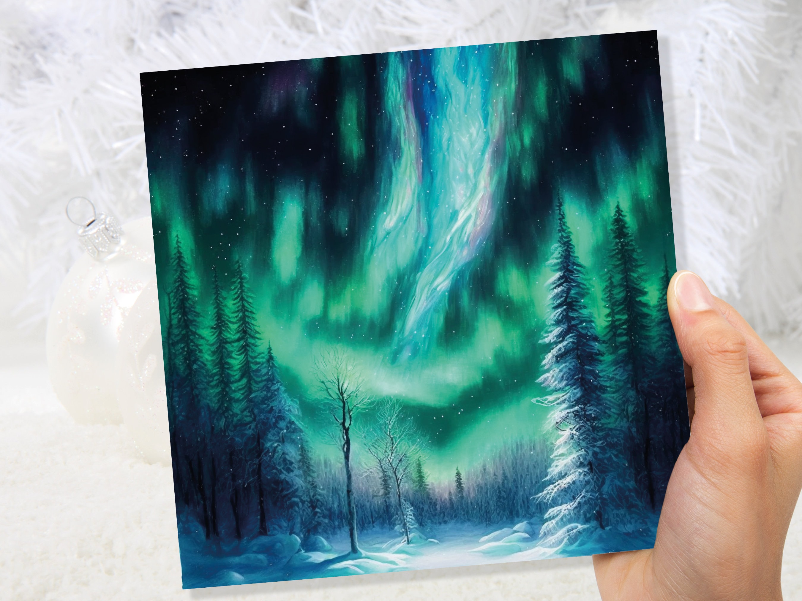 Aurora Borealis Card Winter Night Snow Scene Snowy Scenery Green Blue Northern Lights Fir Trees Cards For Family Friends Christmas Thank You