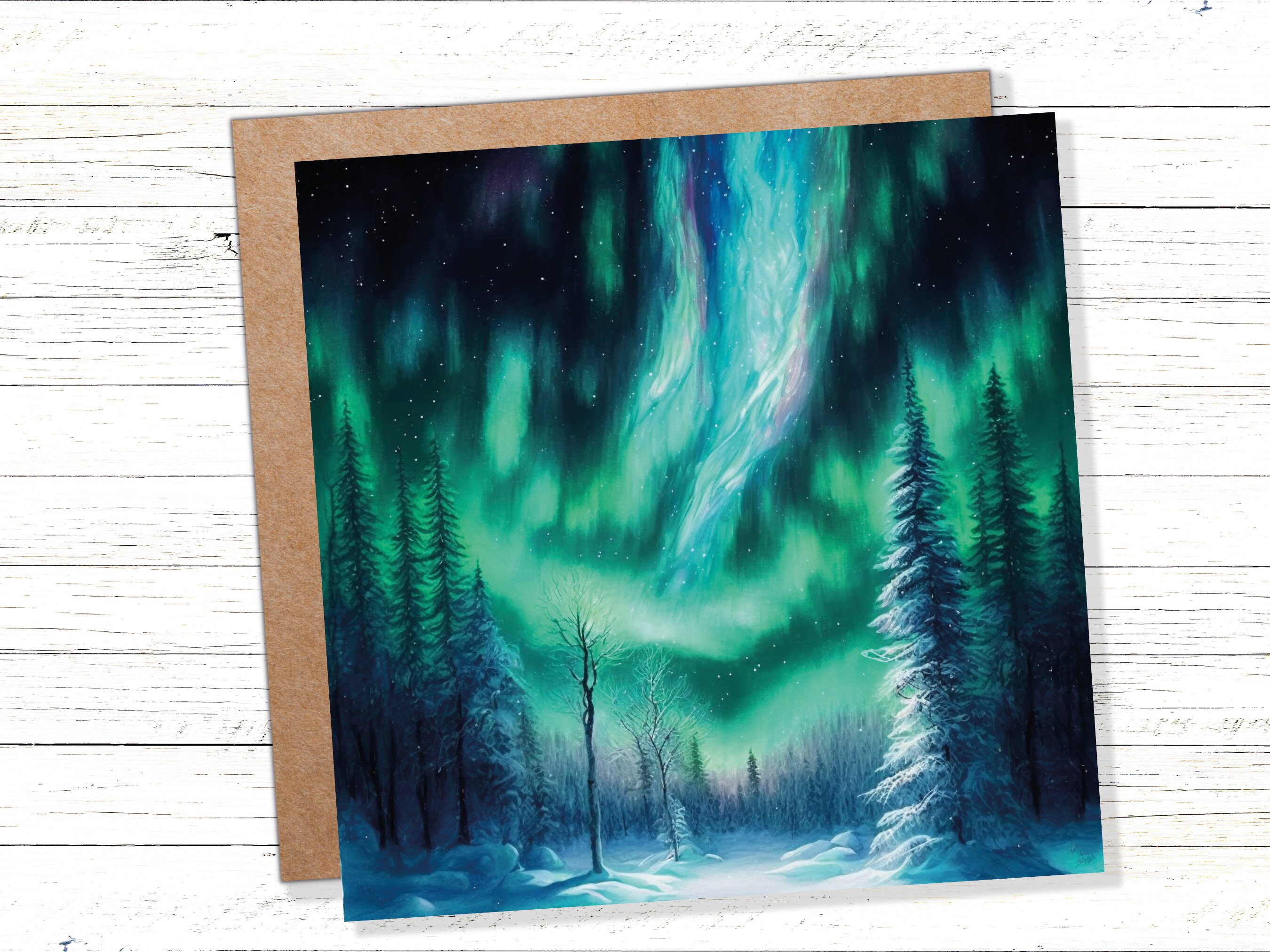 Aurora Borealis Card Winter Night Snow Scene Snowy Scenery Green Blue Northern Lights Fir Trees Cards For Family Friends Christmas Thank You - View 2