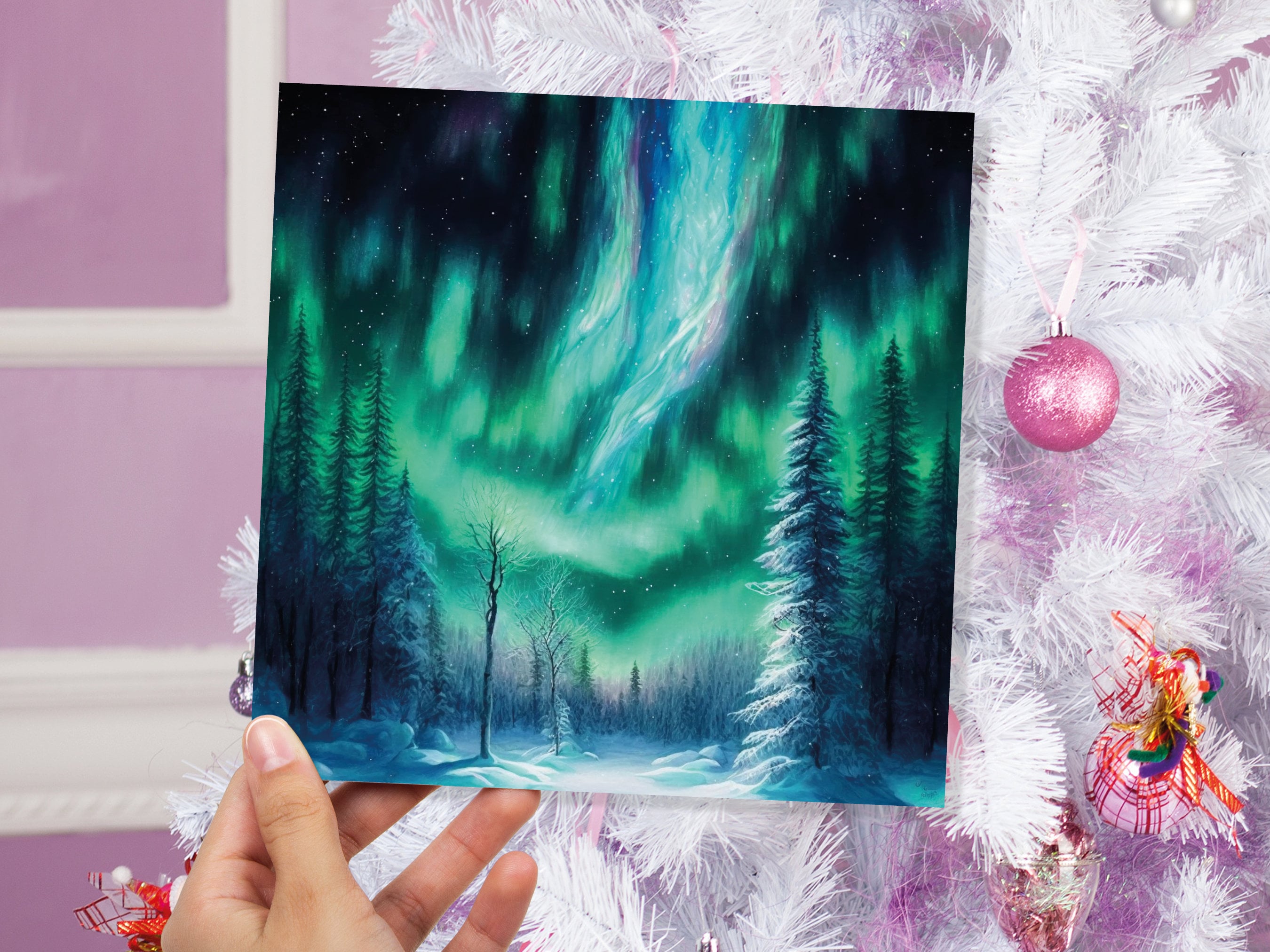 Aurora Borealis Card Winter Night Snow Scene Snowy Scenery Green Blue Northern Lights Fir Trees Cards For Family Friends Christmas Thank You - View 3