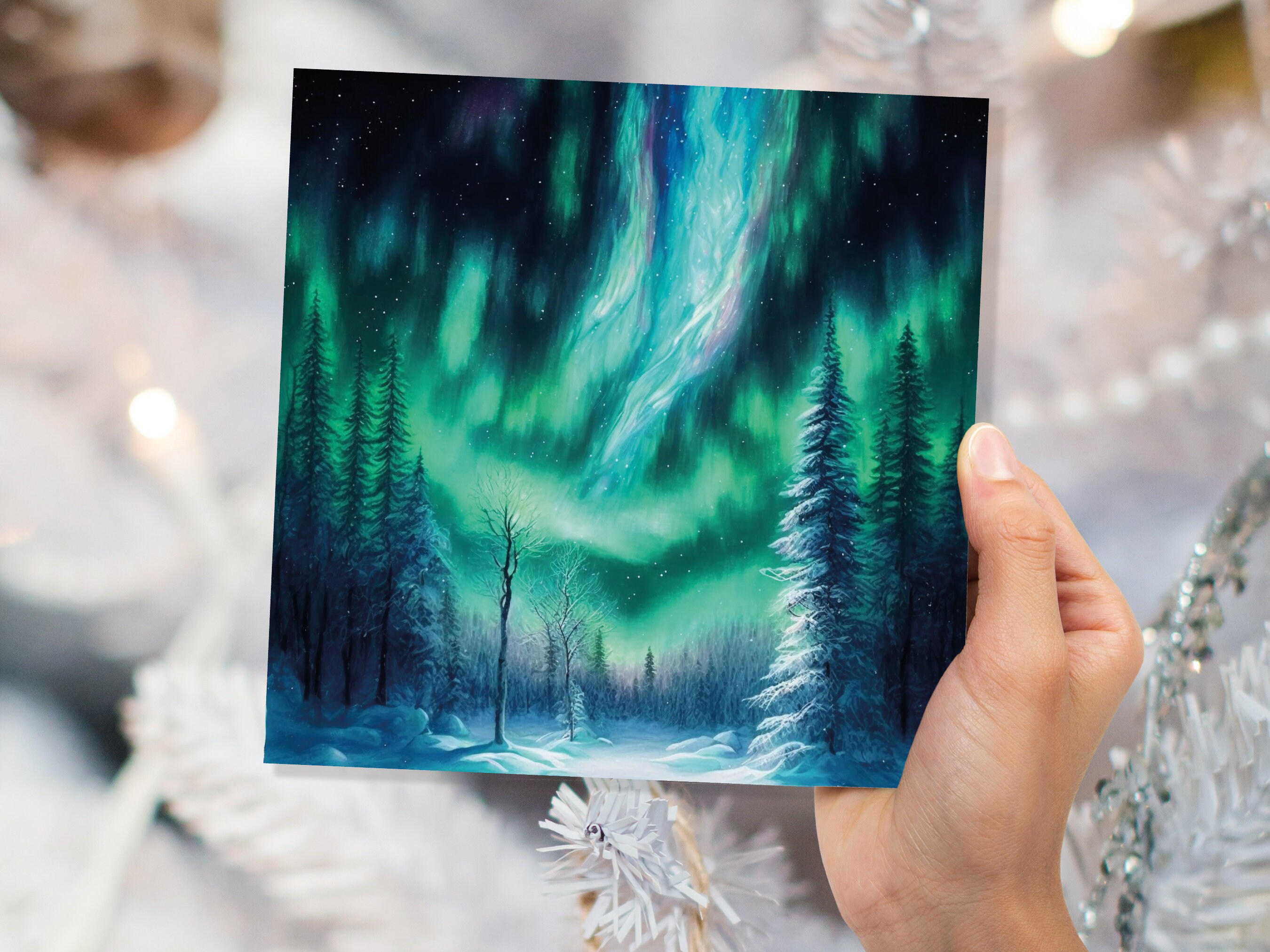 Aurora Borealis Card Winter Night Snow Scene Snowy Scenery Green Blue Northern Lights Fir Trees Cards For Family Friends Christmas Thank You - View 4