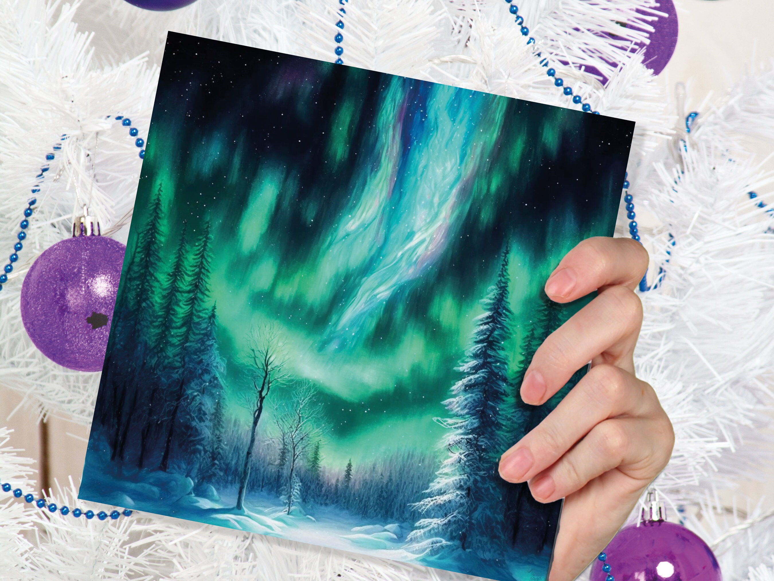 Aurora Borealis Card Winter Night Snow Scene Snowy Scenery Green Blue Northern Lights Fir Trees Cards For Family Friends Christmas Thank You - View 5