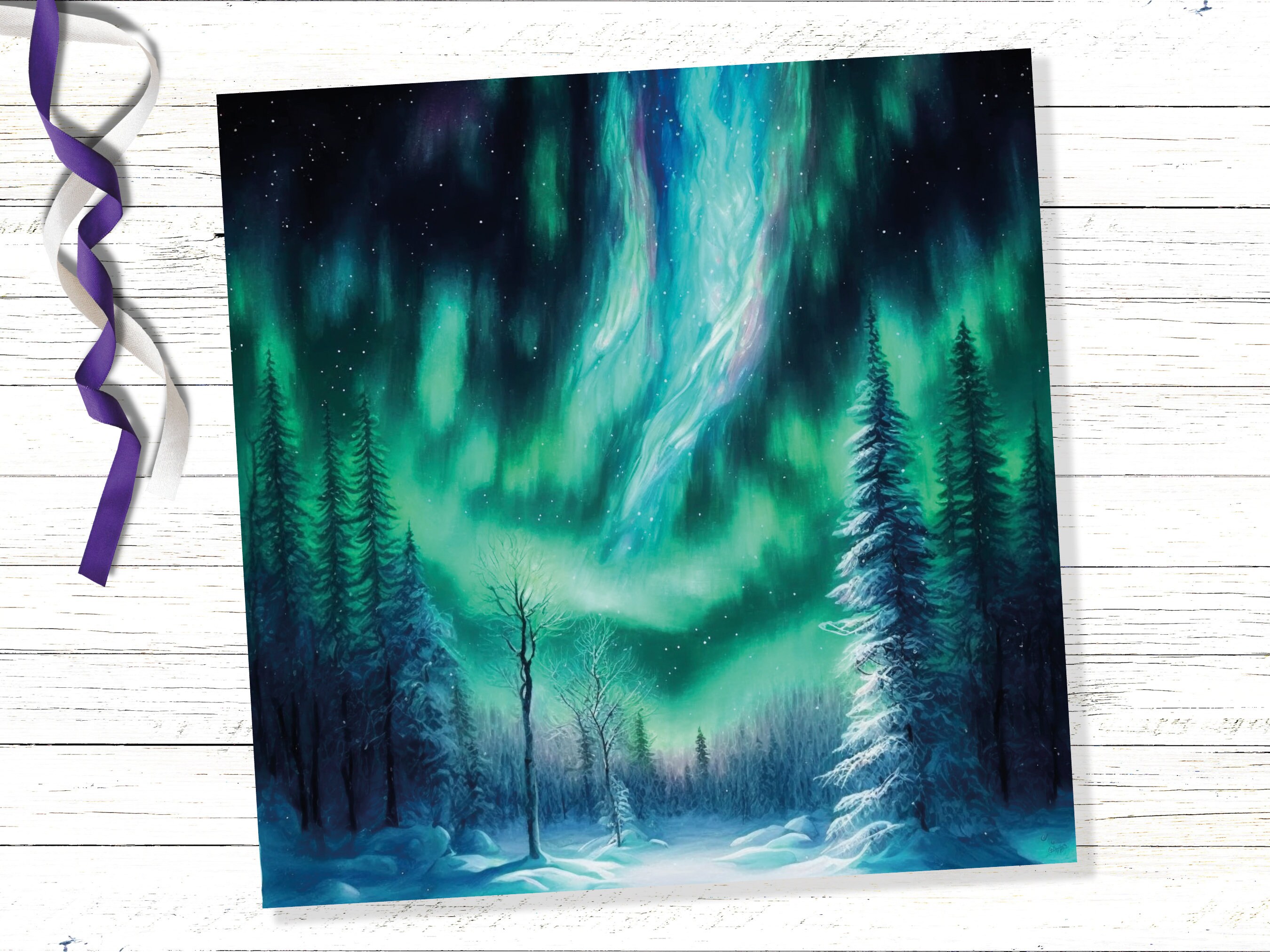 Aurora Borealis Card Winter Night Snow Scene Snowy Scenery Green Blue Northern Lights Fir Trees Cards For Family Friends Christmas Thank You - View 6