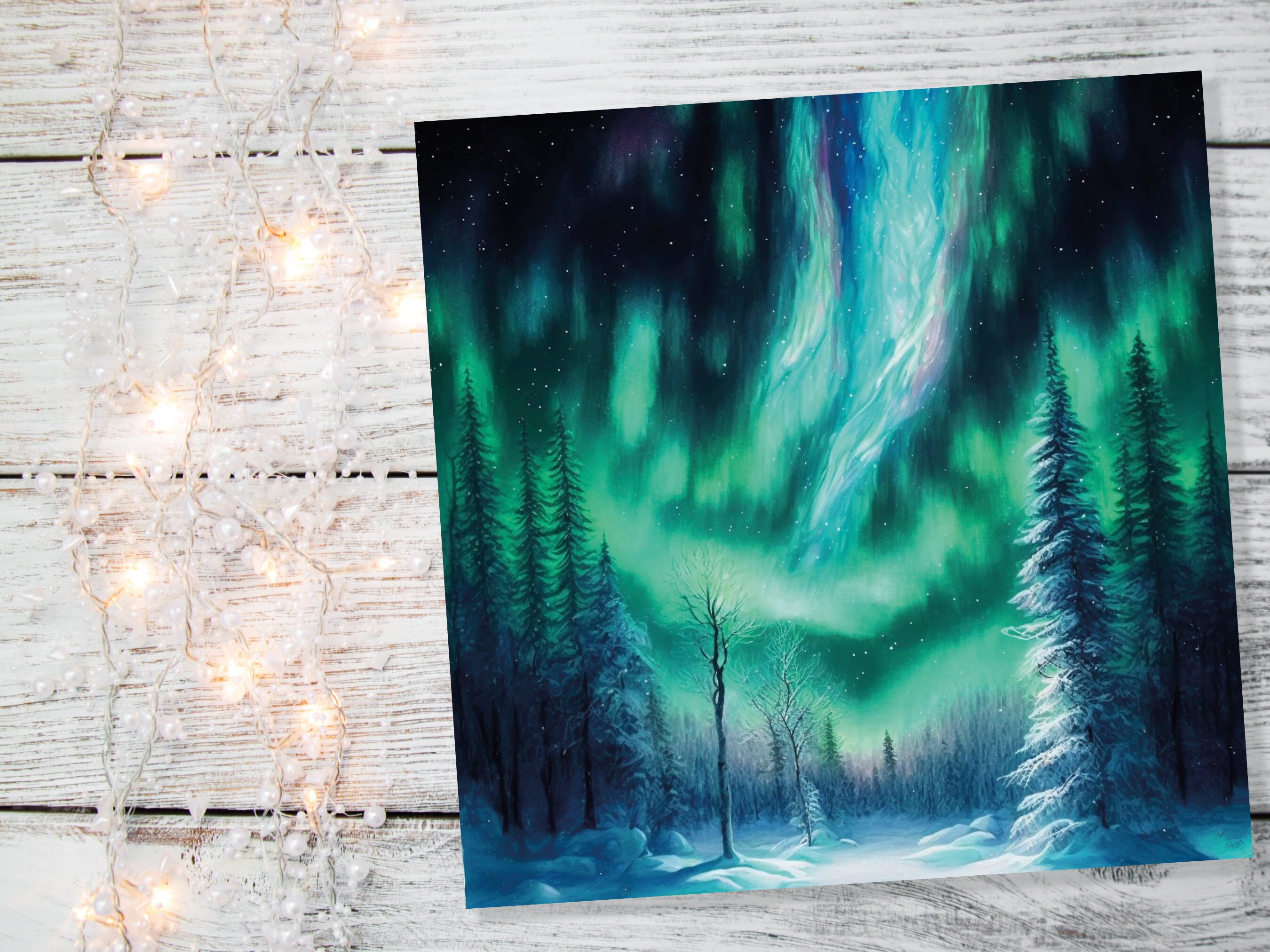 Aurora Borealis Card Winter Night Snow Scene Snowy Scenery Green Blue Northern Lights Fir Trees Cards For Family Friends Christmas Thank You - View 7