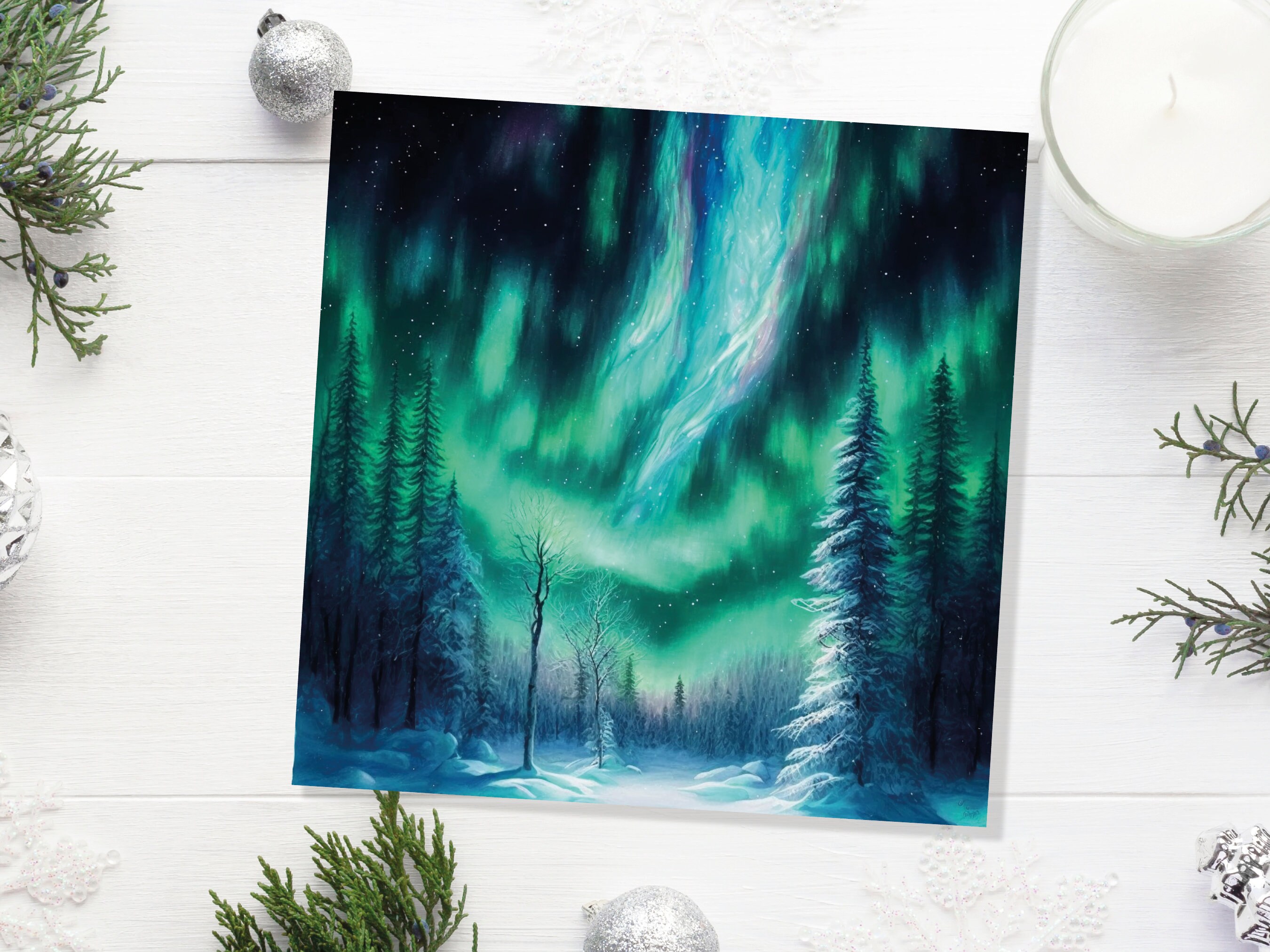 Aurora Borealis Card Winter Night Snow Scene Snowy Scenery Green Blue Northern Lights Fir Trees Cards For Family Friends Christmas Thank You - View 8