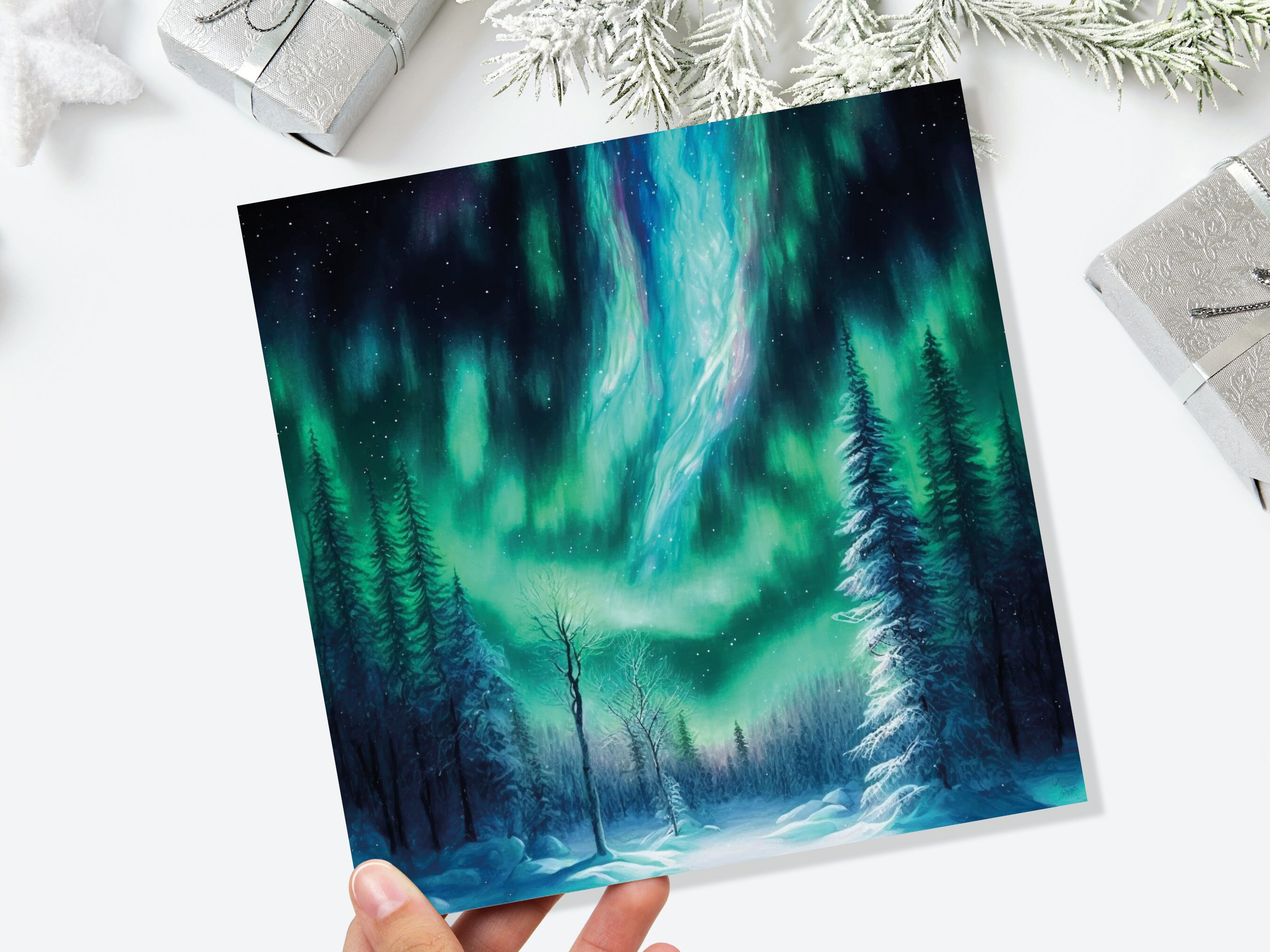 Aurora Borealis Card Winter Night Snow Scene Snowy Scenery Green Blue Northern Lights Fir Trees Cards For Family Friends Christmas Thank You - View 9